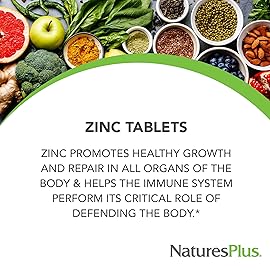 NaturesPlus Zinc Tablets - 10 mg, 90 Vegetarian Supplements - Immune System Supplement for Cellular Growth & Repair - Promotes Healthy Digestion, Metabolism & Vision - Gluten-Free - 90 Servings