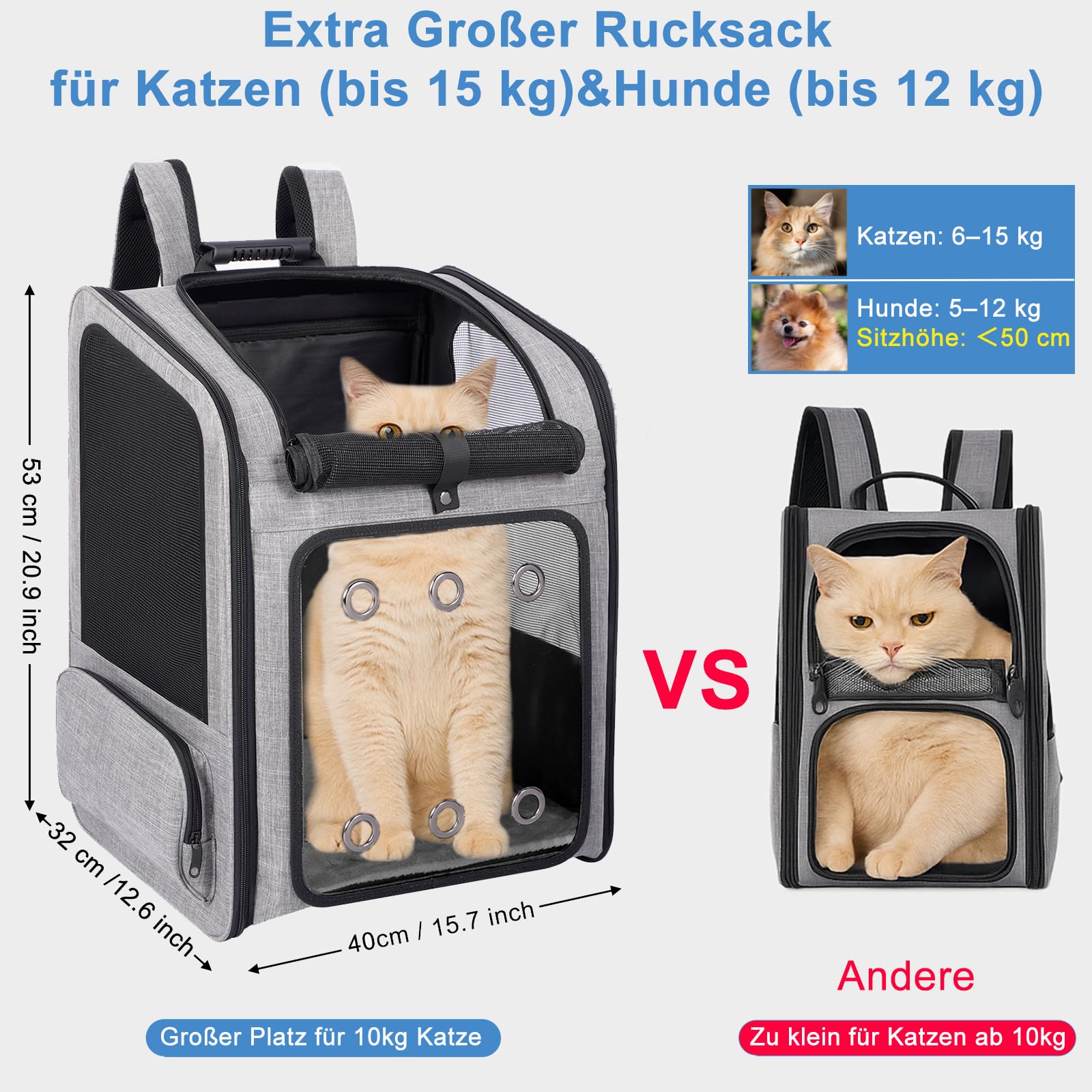 Katzenrucksack Große Katzen bis zu 15kg, Hunderucksack bis zu 12kg, Katzen Rucksack Groß für Katzen und Kleine Hunde Faltbare Haustier Rucksack mit belüftetem Design, Grau