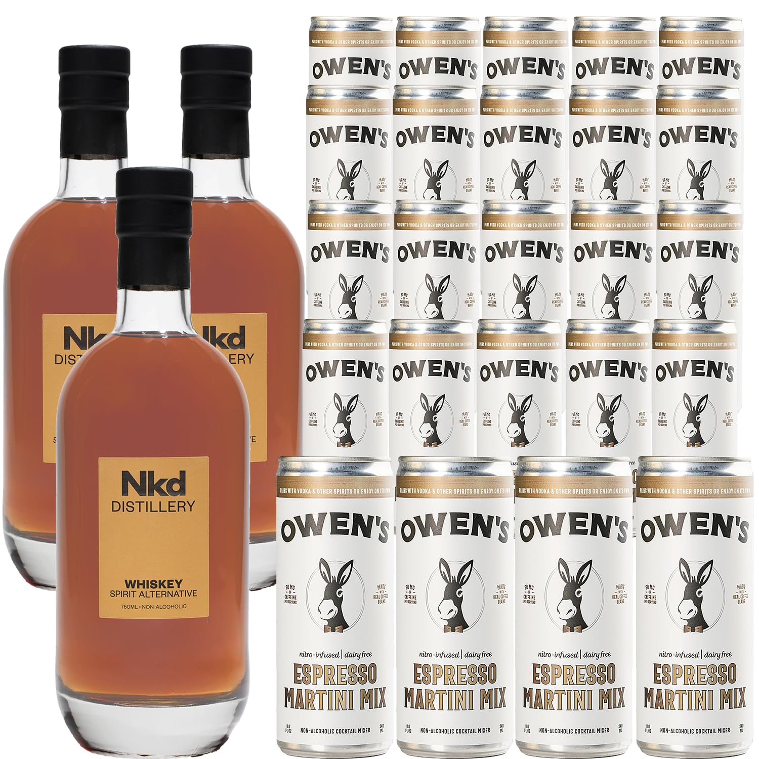 Nkd Distillery Whiskey Alternative Premium Non-Alcoholic Spirit 750 ML Bottles w Owen’s Mixers Espresso Martini 8.2 OZ Cans - Perfect for Mocktails - Made in USA