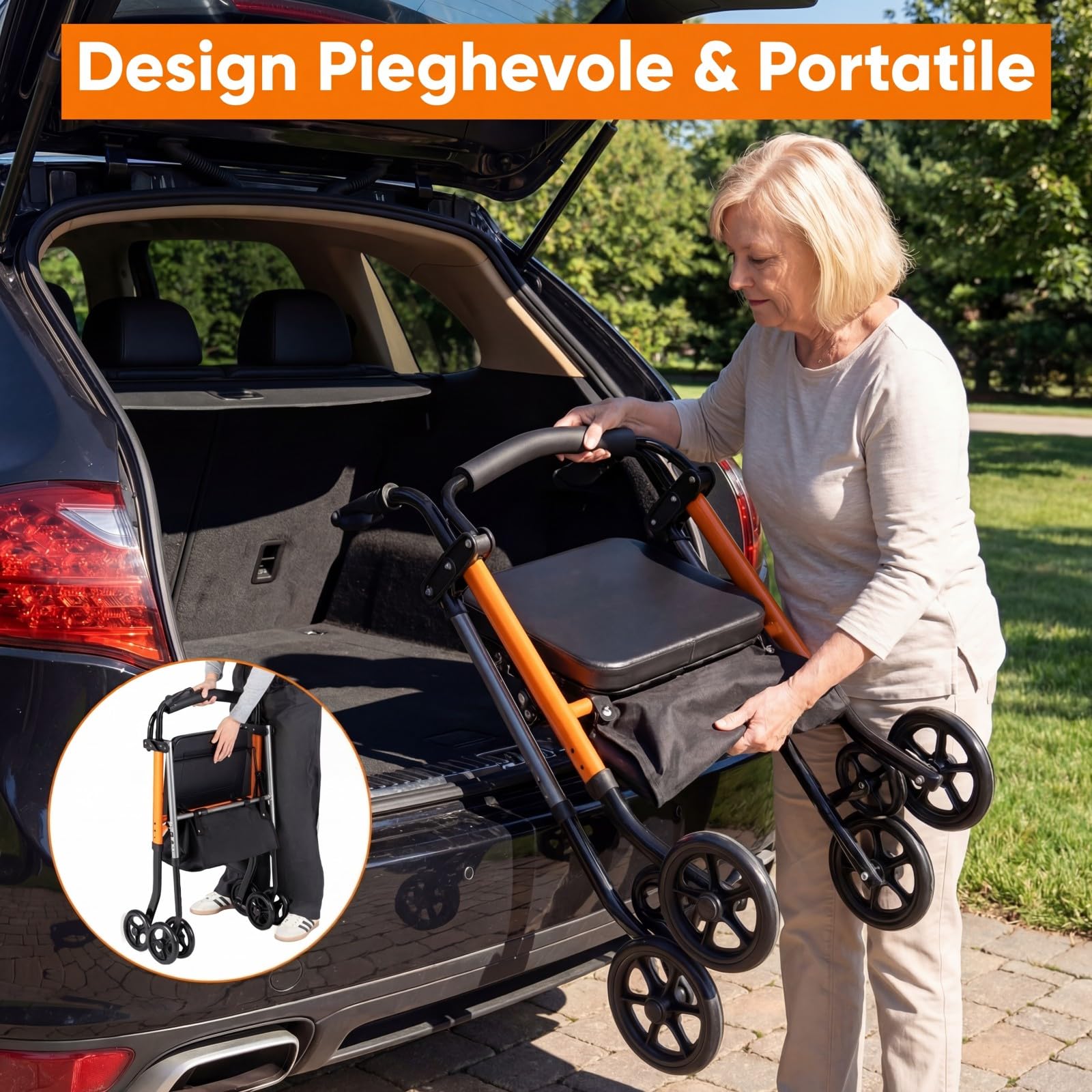 COSTWAY Deambulatore per Anziani Pieghevole 2 in 1 con Seduta a 3 Livelli | Rollator Portatile con Sacchetti Portaoggetti e Impugnatura Ergonomica da Interno ed Esterno