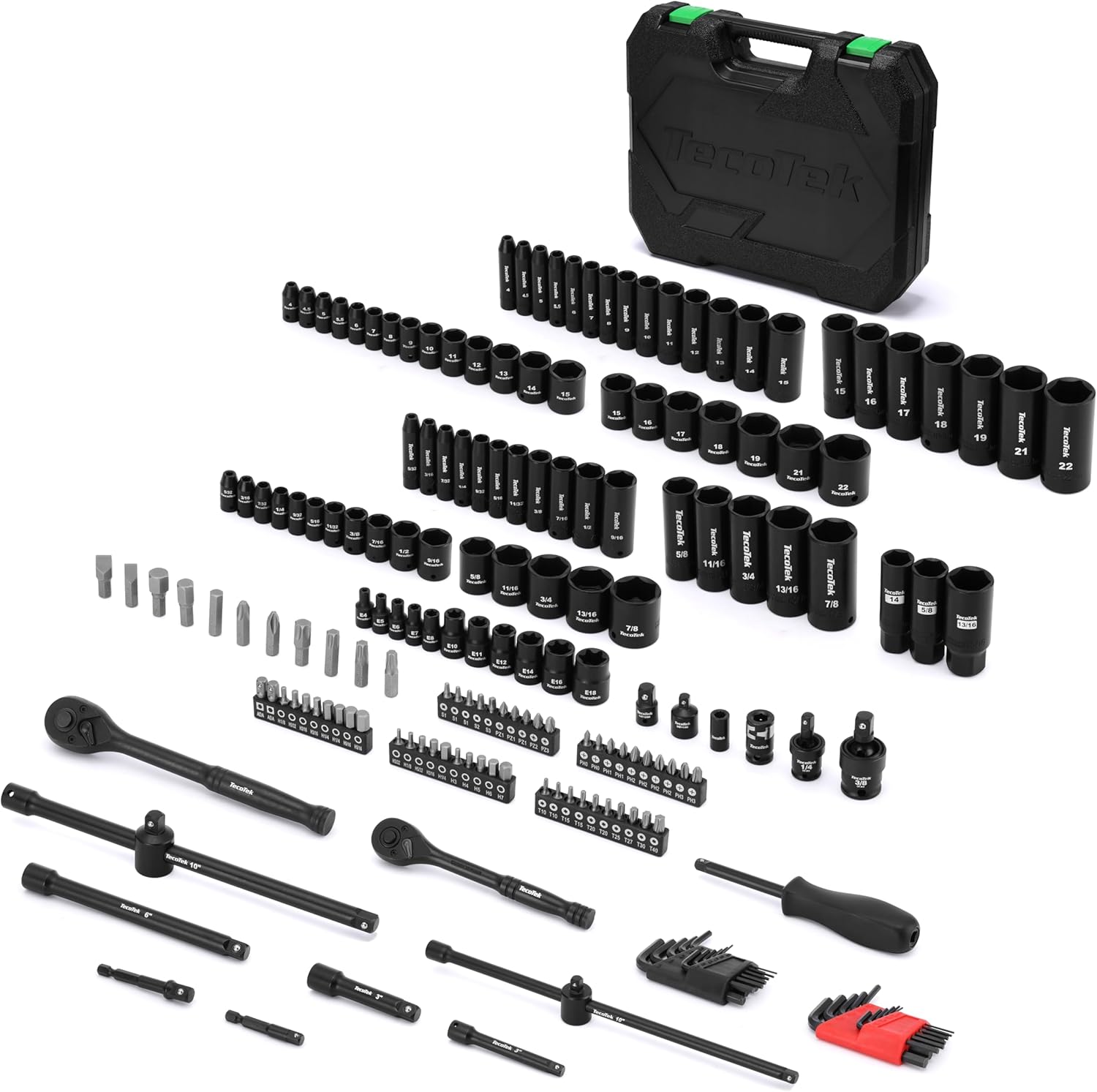 TecoTek 1/4" & 3/8" Dr. Impact Socket Set, 189 Piece Socket Wrench Set Mechanic Tools, Metric and SAE Full Set, CR-V, Deep & Shallow Socket with Ratchet Handle, Spark Plug Socket, Bits for Mechanic