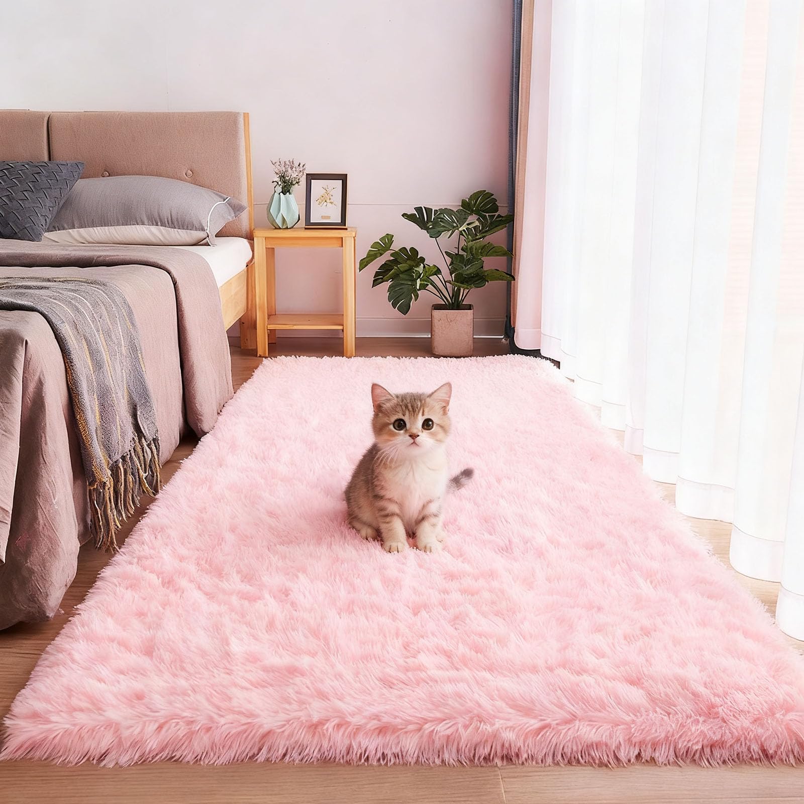 Tapis en peluche rose lavable pour douceur au réveil