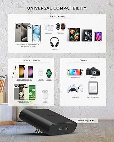 Miniatura 7 de iHome Cargador USB-C multipuerto de 40 W, bloque plano de 2 puertos AC Pro, adaptador de pared de carga rápida dual