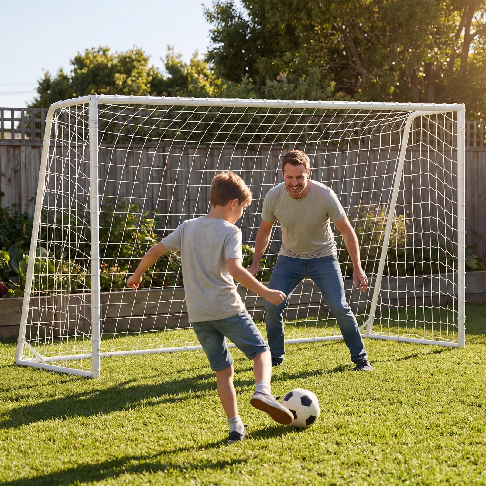 COSTWAY Porta da Calcio 300 x 204 cm con Telaio in Metallo, Rete in PE, 8 Picchetti e 16 Fascette, Facile Montaggio, Attrezzatura per Allenamento Calcio per Bambini, Giovani e Adulti
