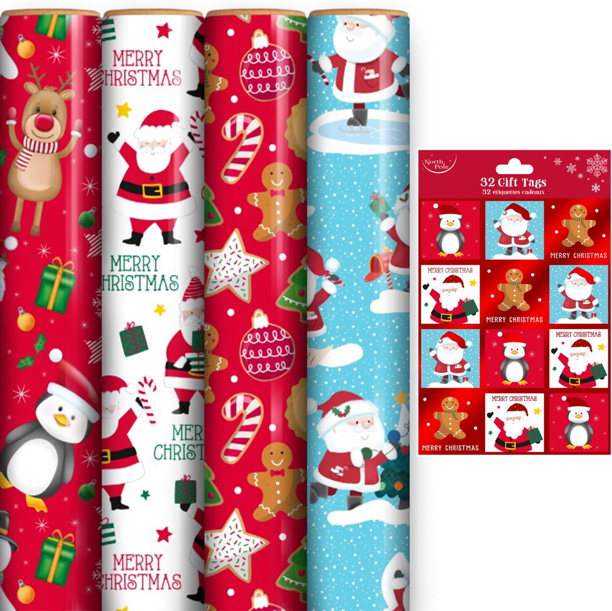 ANGIX 4 x 7m Cute Christmas Wrapping Paper Rolls with 32 Gift Tags, Festive Xmas Wrapping Paper, Premium Christmas Wrapping Paper Roll Set for Presents, Kids & Family, Festive Holiday Decorations