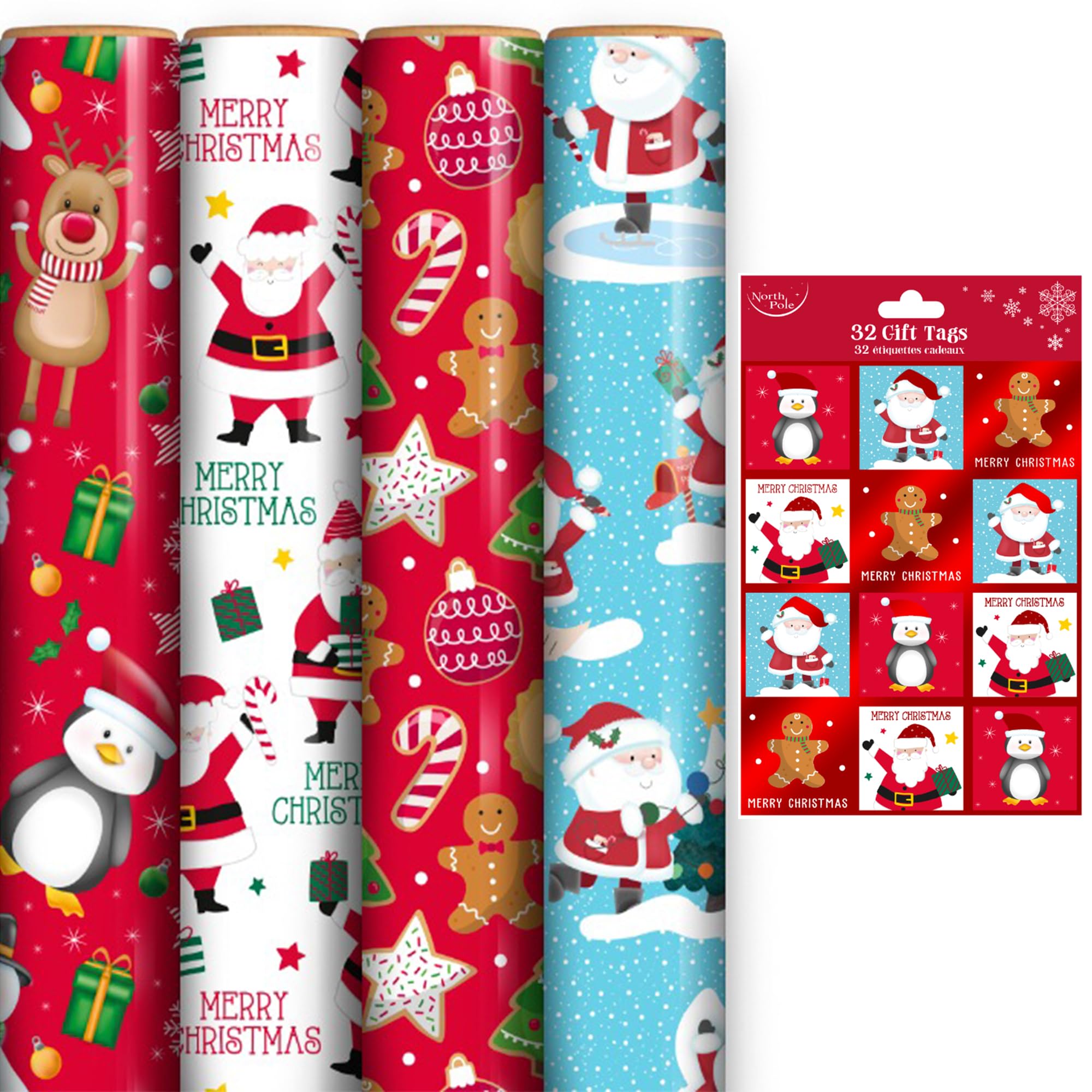 ANGIX 4 x 7m Cute Christmas Wrapping Paper Rolls with 32 Gift Tags, Festive Xmas Wrapping Paper, Premium Christmas Wrapping Paper Roll Set for Presents, Kids & Family, Festive Holiday Decorations