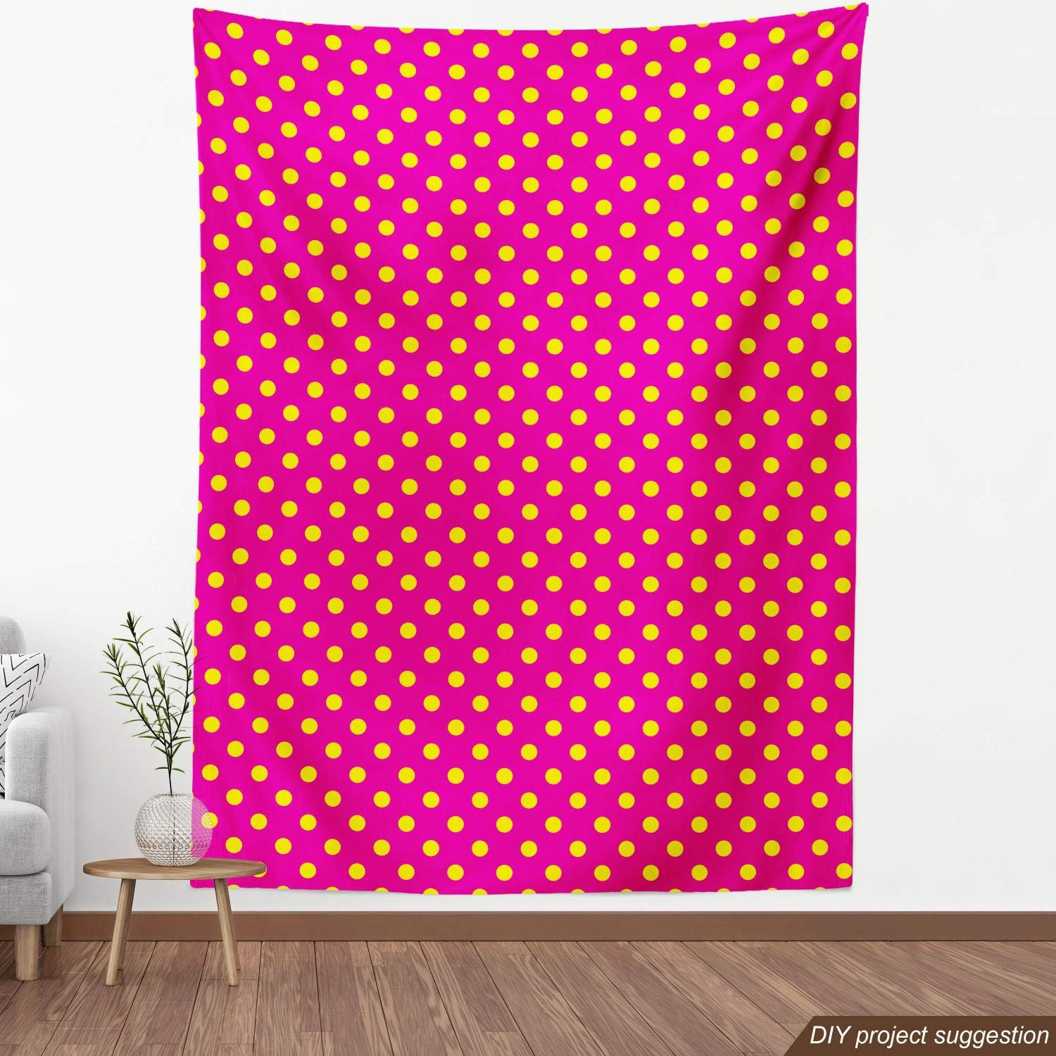 Lunarable Polka Dot Fabric by The Yard, Vibrant Colored Background and Yellow Spots Traditional Vertical Dots, Decorative Fabric for Upholstery and Home Accents, 3 Yards, Pink Yellow