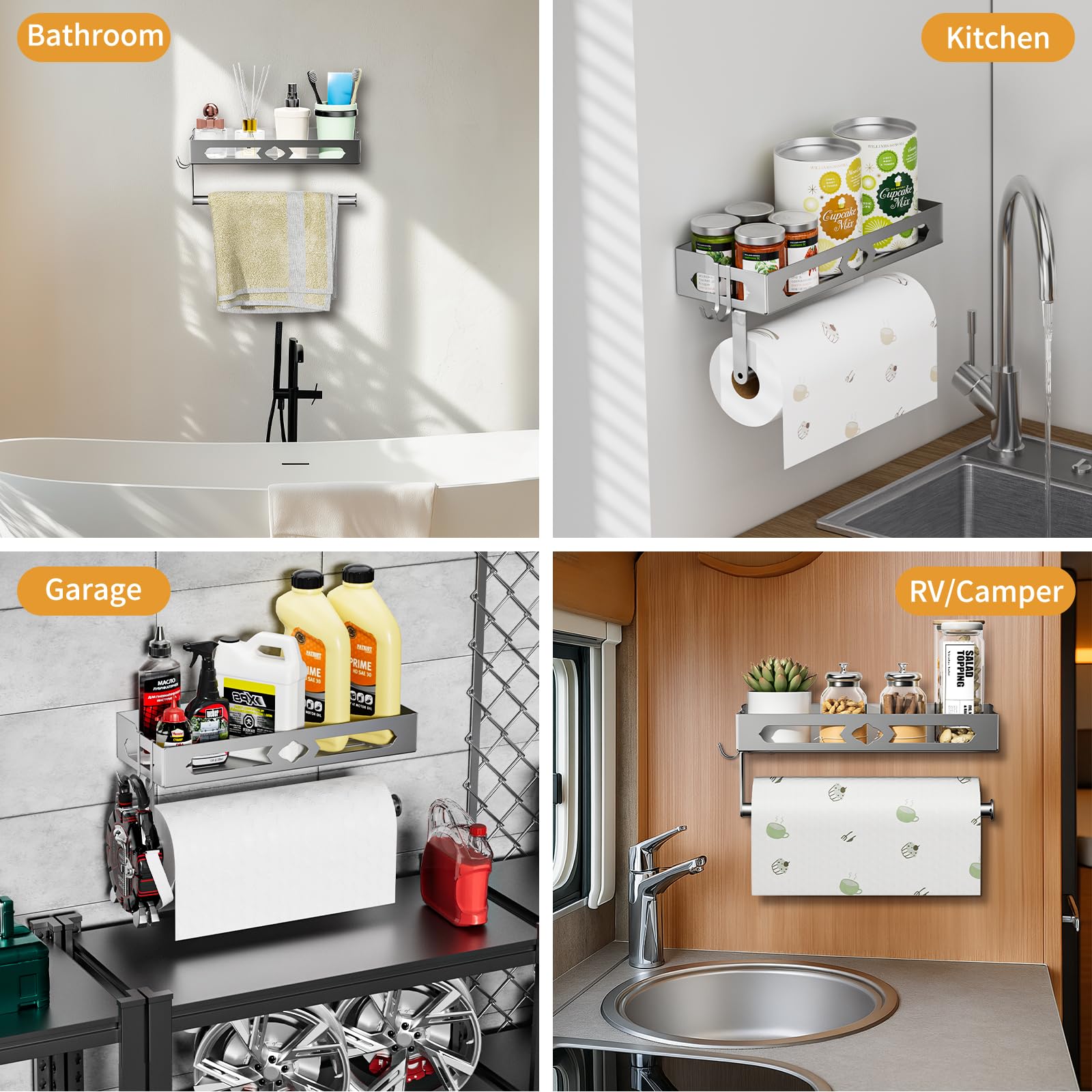 Portaspezie con porta rotolo da cucina e gancio, portaspezie da parete senza foratura, organizer per spezie per cucina, argento