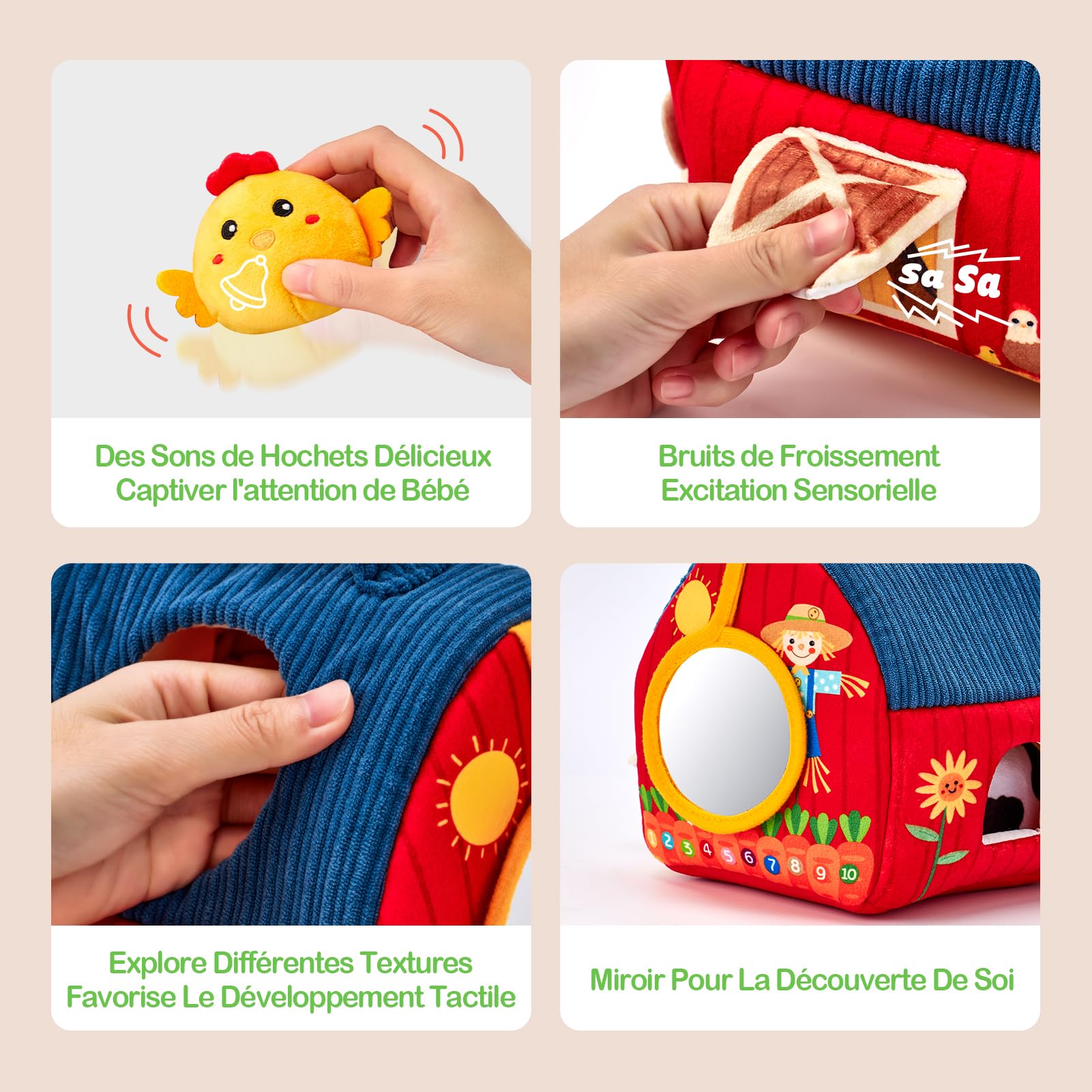 Hahaland Jouet Bébé Animaux de la Ferme en Peluche, Jeux Montessori avec Grange, Hochets, Miroirs Jouet Sensoriel Bébé 0-6 Mois, Cadeau Bébé Enfant 3-6-9 Mois Garçon Fille