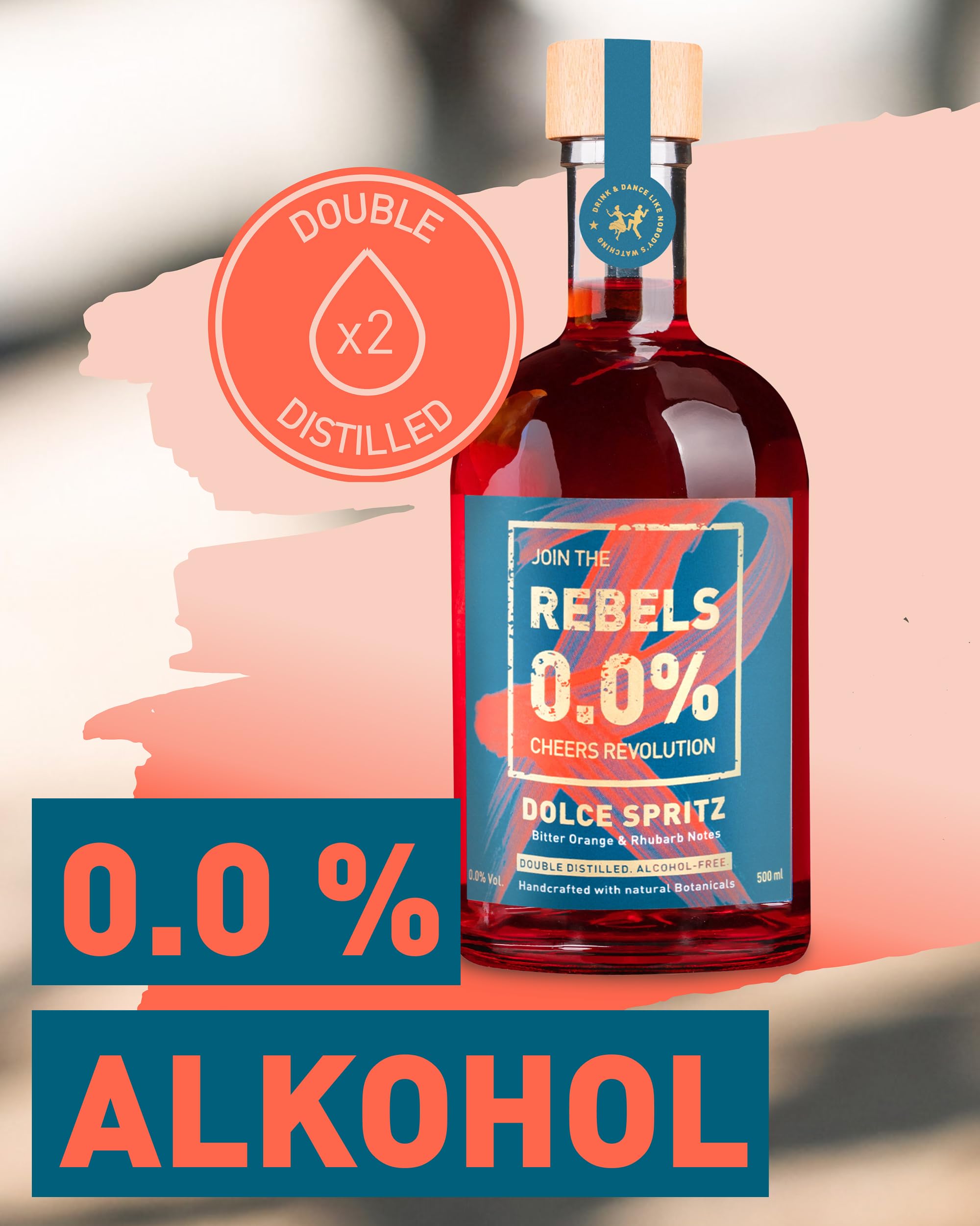 REBELS 0.0% Dolce Spritz | Alkoholfreier Spritz | Doppelt destilliert für intensives Aroma | Preisgekrönter Geschmack | Vegan | Natürliche Botanicals | 500 ml