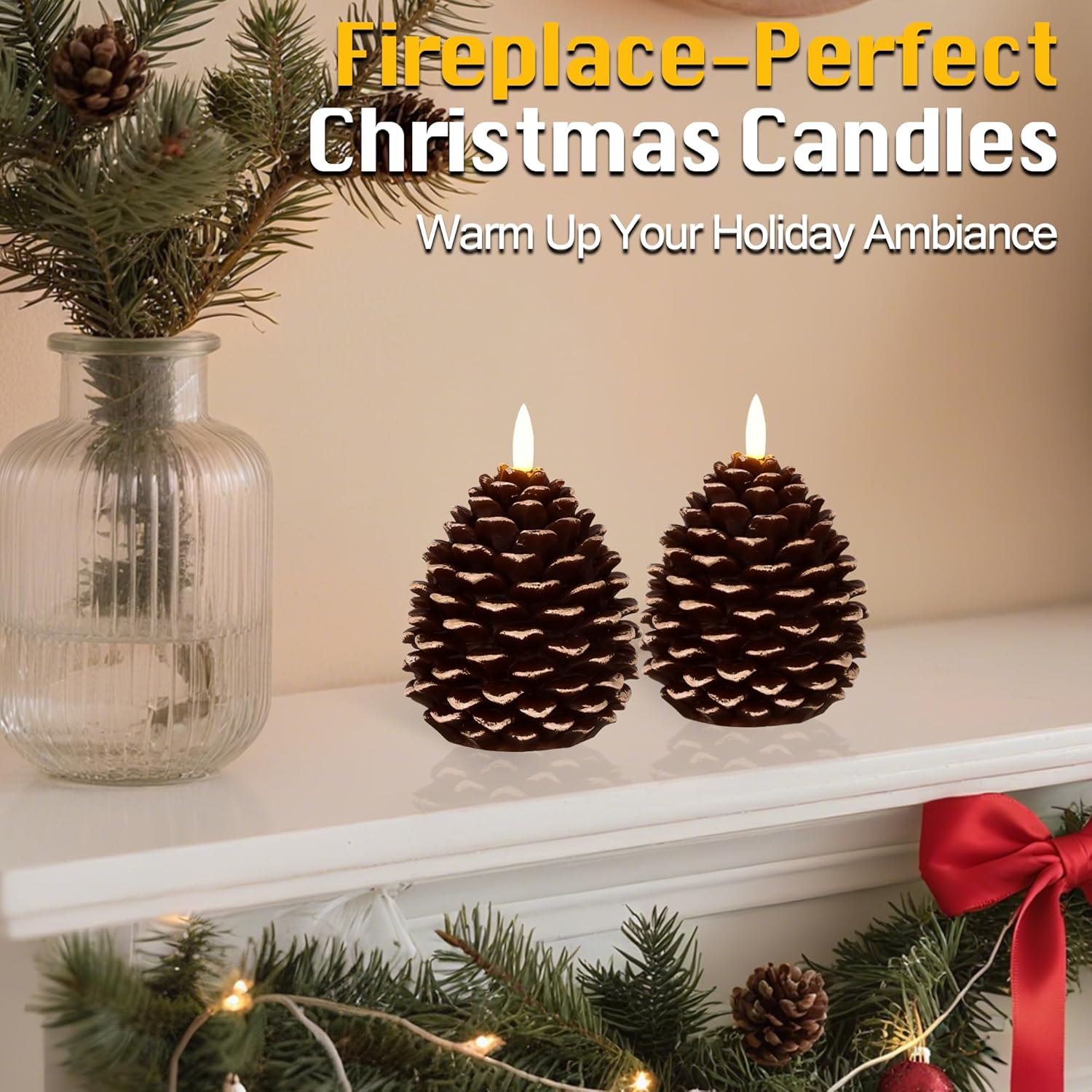 Christmas Flameless Pine Cone Candles with Remote Timer, Battery Operated Flickering Candles, LED Real Wax Pinecone for Christmas Home Decoration, Set of 2, Brown with White Glitter (5.5" X 4.1")