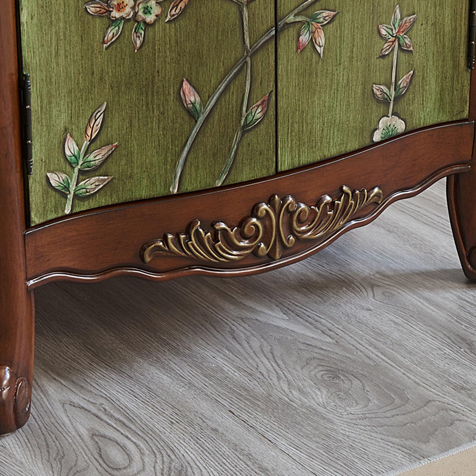 Szafka na Biżuterię z 1 Szufladą i 2 Drzwiami Drewniana Szafka Boczna Szafki do Sypialni Meble Malowane w Stylu Retro (Orzech i Zieleń, 66 * 33 * 77.5cm)