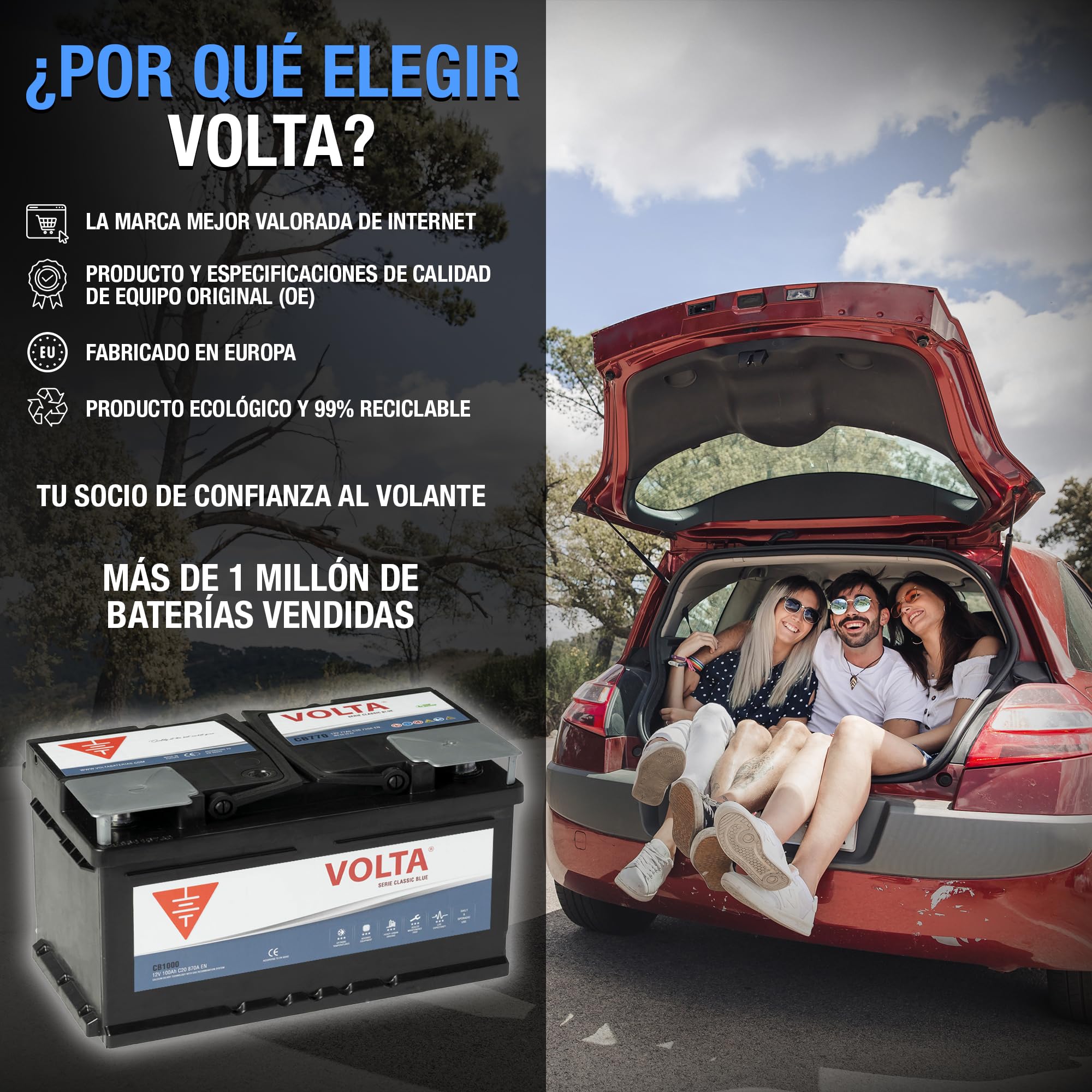 Bateria de Coche 100Ah 870A Volta CB1000D para Automóviles de turismo - Borne +Dcha - Medidas: 353 x 175 x 190 mm con 2 años de Garantía.