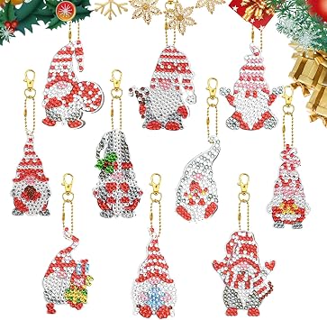 10 Pcs Christmas Gnomes Diamond DIY Painting Keychain,5D Double Sided Full Drill Diamond Keyrings,Santa Claus Diamond Art Craft Kits Key Rings for Kids Adults,Key Pendant for Purse Phone Bag Decor