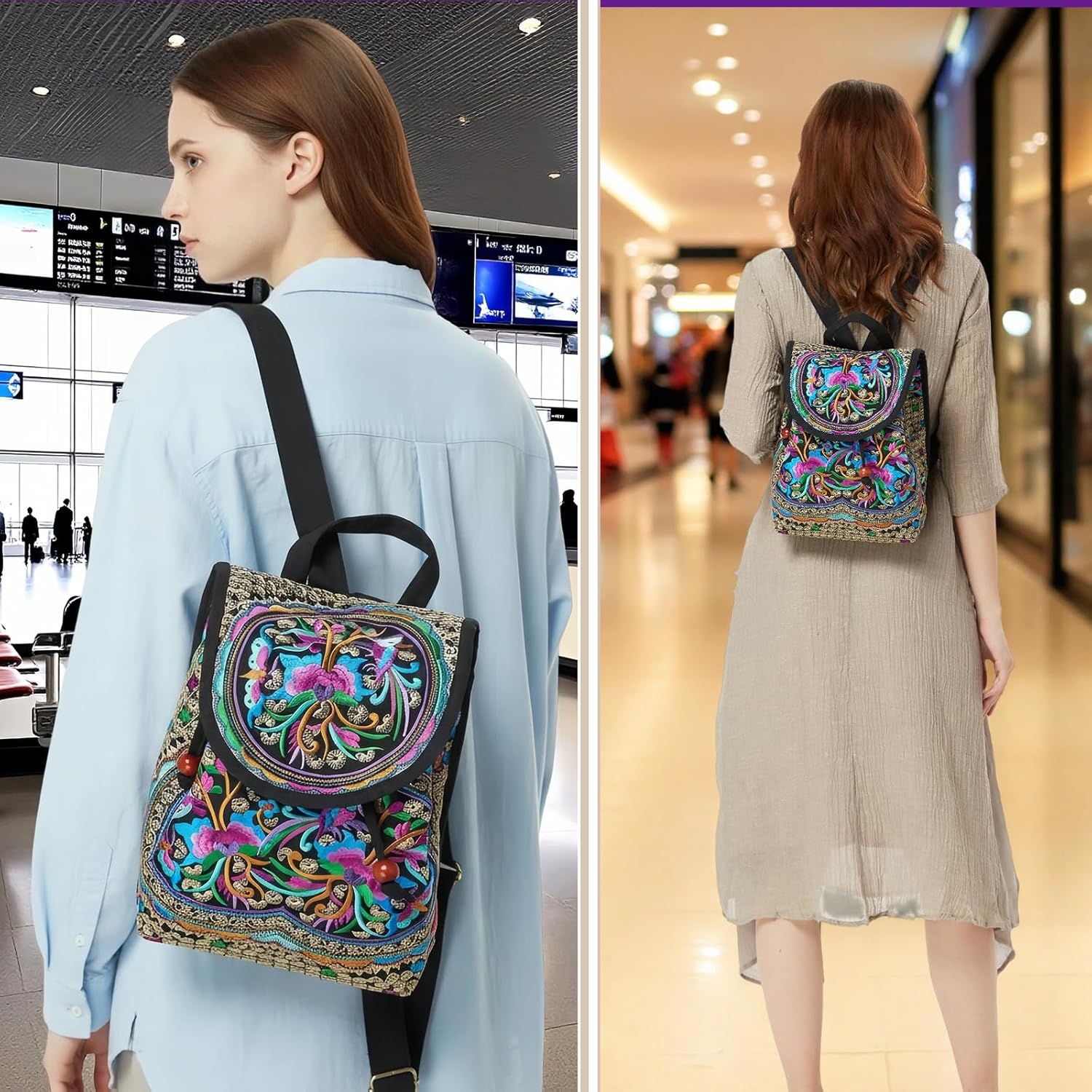 Jursccu Embroidery Backpack Purse for Women Vintage Handbag Small Drawstring Casual Travel Shoulder Bag Daypack Pink Blue Flowers - Image 7