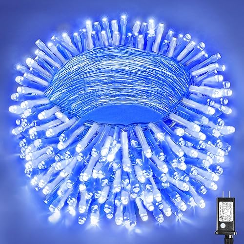 Miniatura 50 de Guirnalda de luces navideñas con 300 LEDs, 99 pies, para interiores y exteriores, cable transparente, impermeable, 8 modos, conectables, decoración