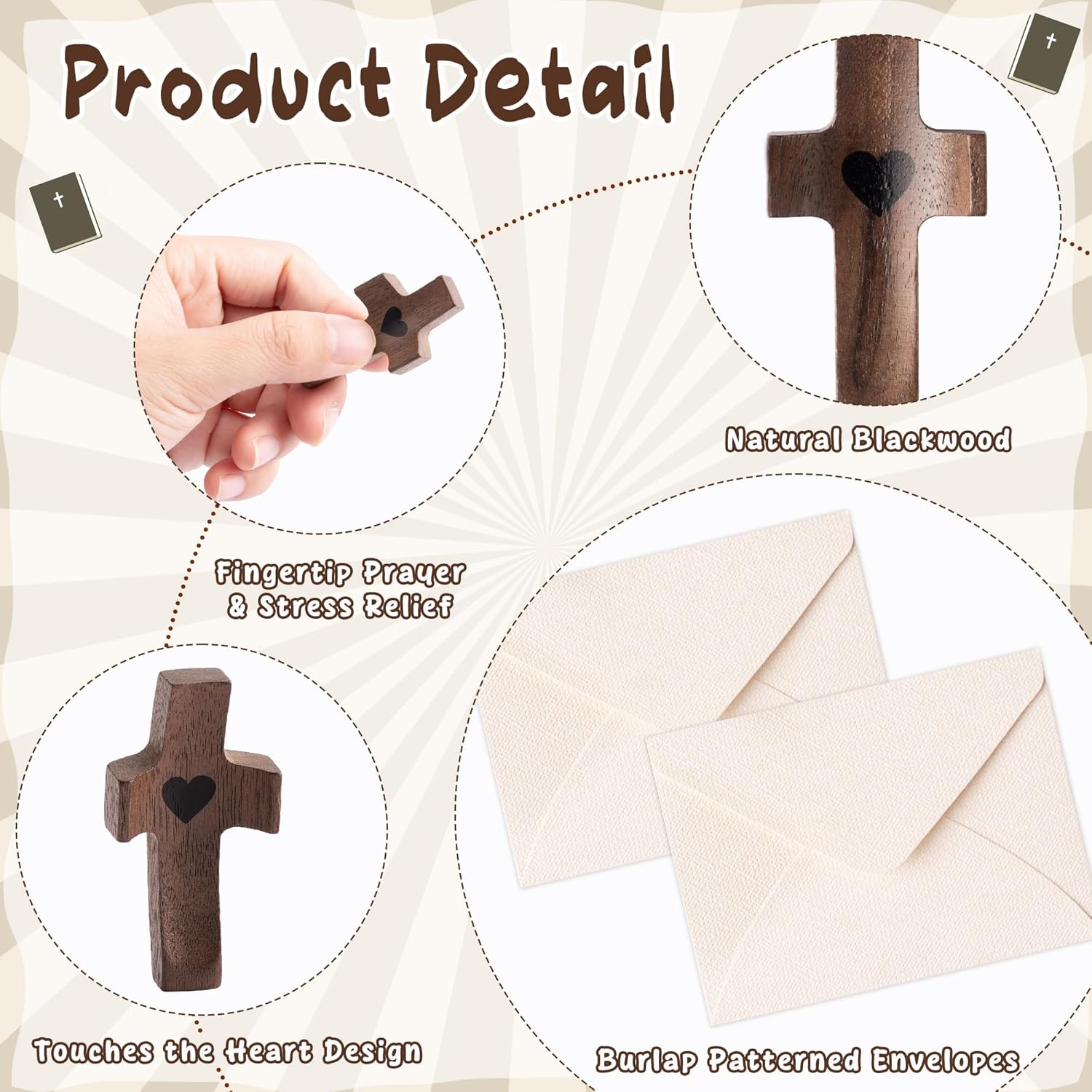 Cross Pocket Hug Token - 20 Set Small Wooden Stress Relief Cross Prayer Card Envelop First Communion Gift Jerusalem Handheld Cross for Baby Shower Pocket Prayer Jesus Christian Religious Gift