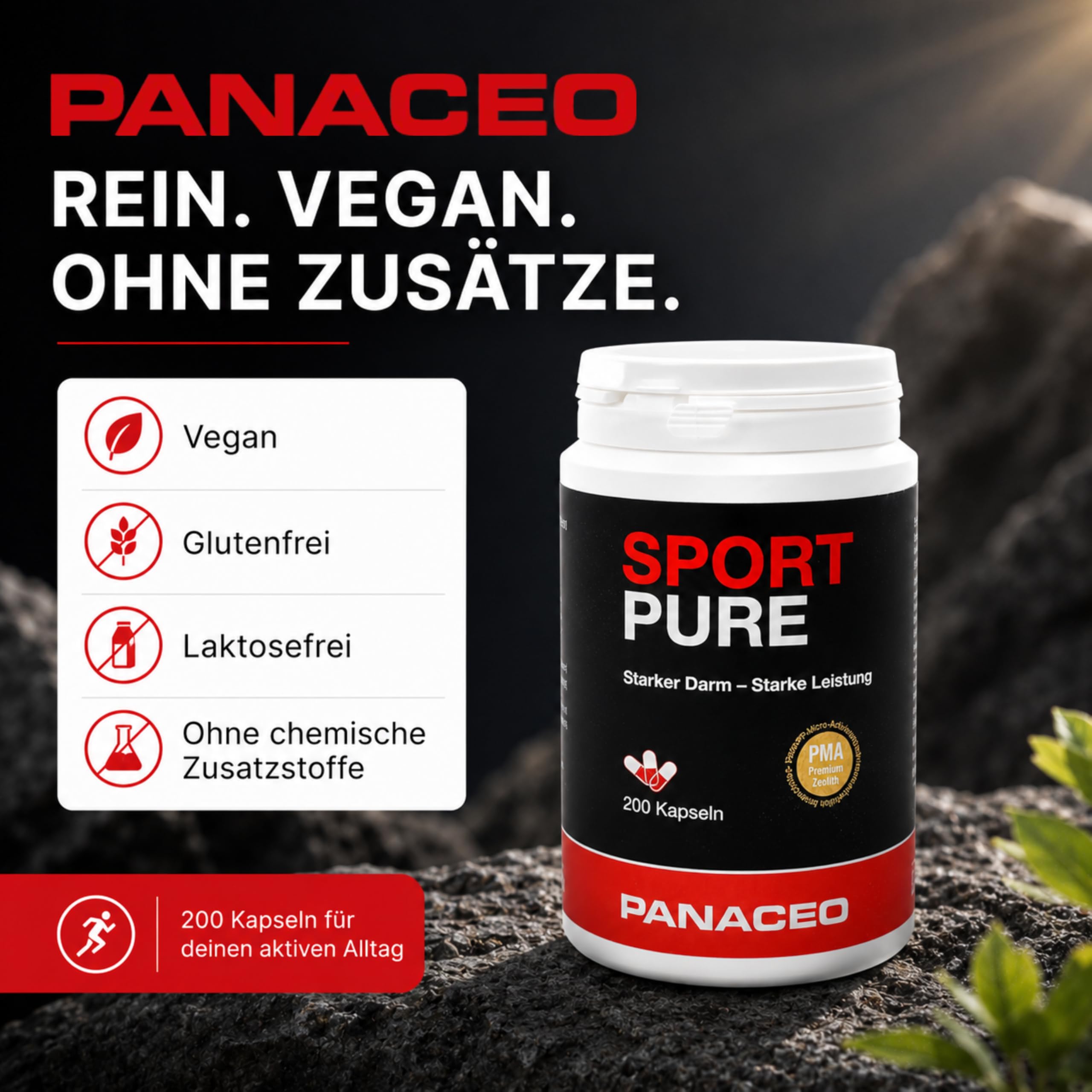 PANACEO Sport Pure – 100% PMA Zeolith 200 Kapseln – Ergänzungsmittel zur Optimierung der Leistungsfähigkeit & Regeneration – Stärkt den Magen-Darm-Trakt, das Immunsystem & reduziert die Laktabelastung