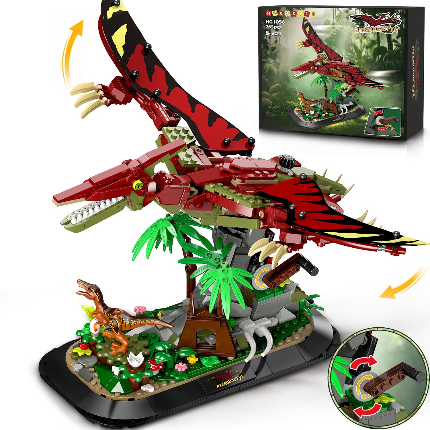 HOGOKIDS Kit de construcción de dinosaurio con alas móviles, 765 piezas modelo de pterodáctilo con soporte de exhibición de selva, juguete interactivo, regalo para adultos, niños, niños a partir de 8