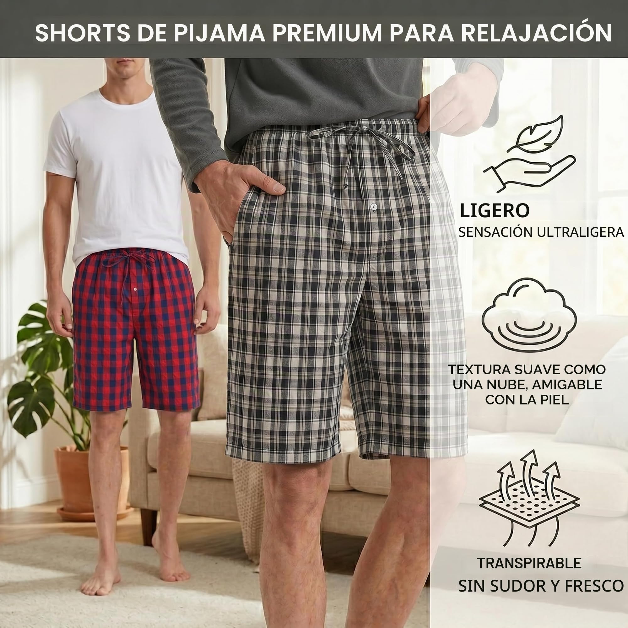 YUSHOW Pantalon Pijama Corto Hombre Algodón Cuadros Suaves Pantalones de Ocio con Bolsillos y Cordón Verano 2 Piezas