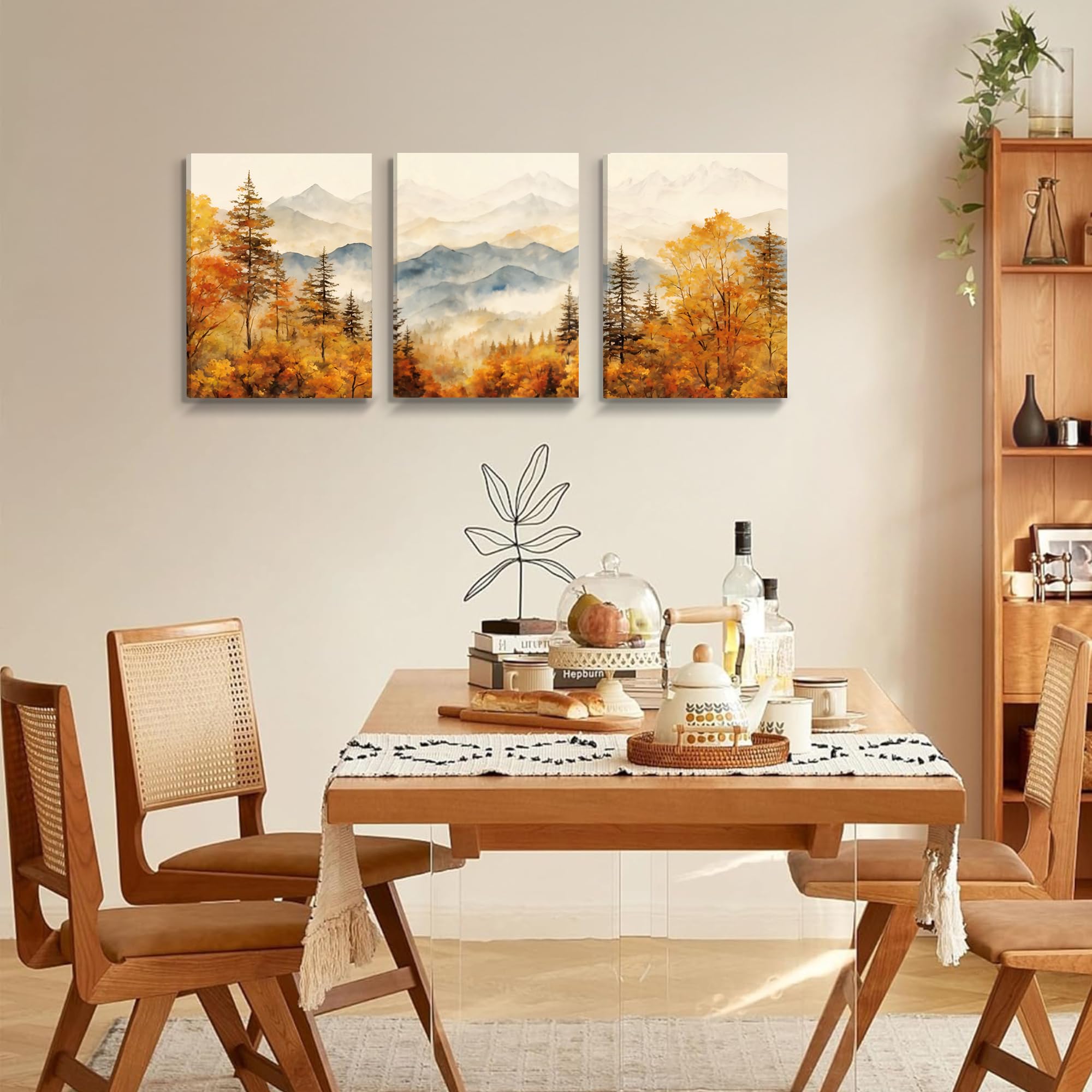 MHARTK66 Aquarell Gold Wald Leinwand Bilder Set Wohnzimmer, Herbst Durchgehende Bergkette Landschafts Wandbild Schlafzimmer, Gelb Abstrakt Bilde Aesthetic, Modern Minimal Wandeko Badezimmer Flur Büro