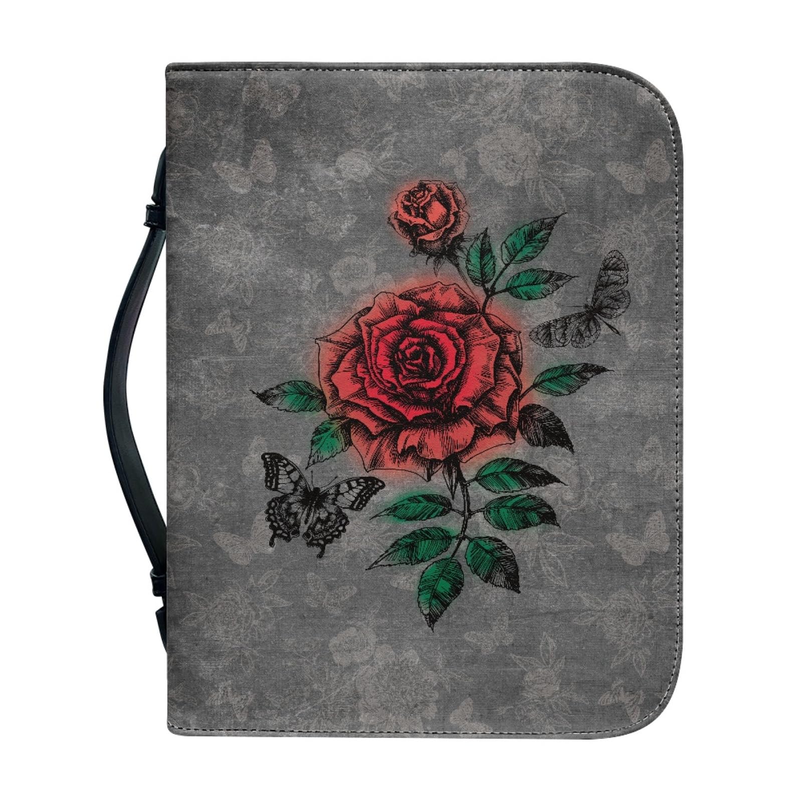 Kuiaobaty Red Rose Butterfly Women Church Bible Case with Handle, Vintage Watercolor Floral Zipper Book Cover with Pen Pocket, Grey — image 1
