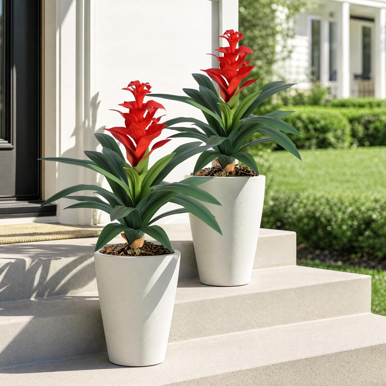DREAMLOOM Artificial Plants Outdoor, 2 Pcs 16.93" Red Bromeliads Fake Flowers UV Resistant Faux Plants Outdoor Tropical Flowers for Planters Outside Front Door Patio Yard Garden Porch Indoor Decor