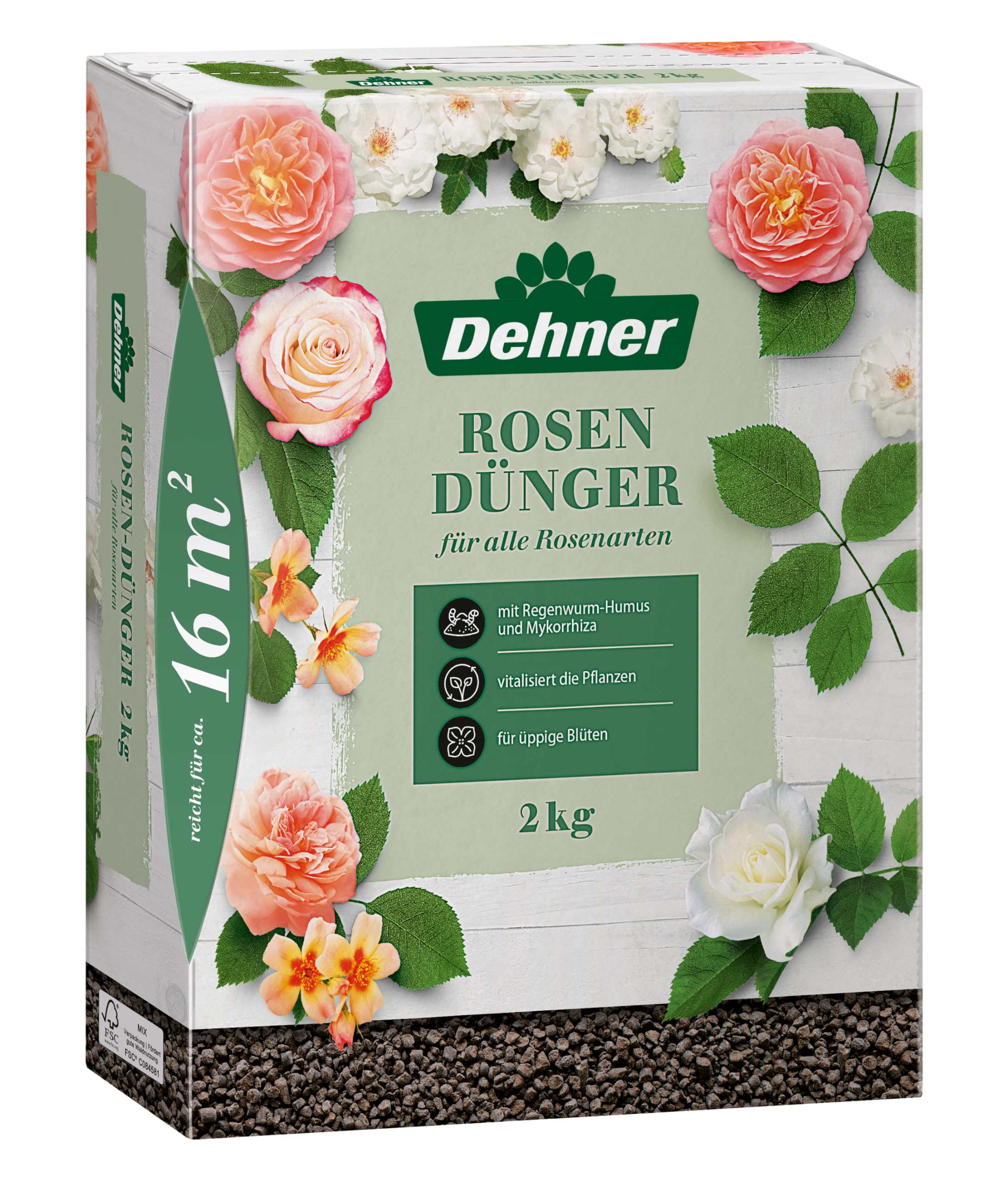 Dehner Rosendünger, hochwertiger Dünger für Rosen, organisch mineralischer NPK-Dünger, mit Spurennährstoffen, 2 kg, für ca. 16 qm, bunt