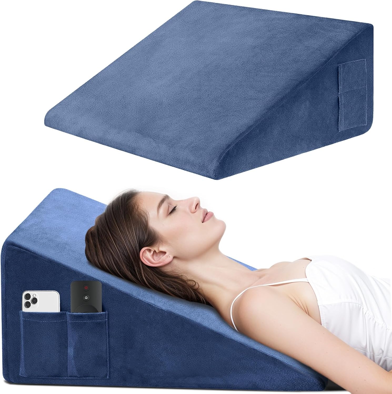 Wedge Pillow, 10 Inch Bed Wedge Pillow for Headboard, Pillow Wedge for Acid Reflux Relief, After Surgery, Sleeping?Back Pain Relief, Memory Foam Top, Blue 10 INCH Blue