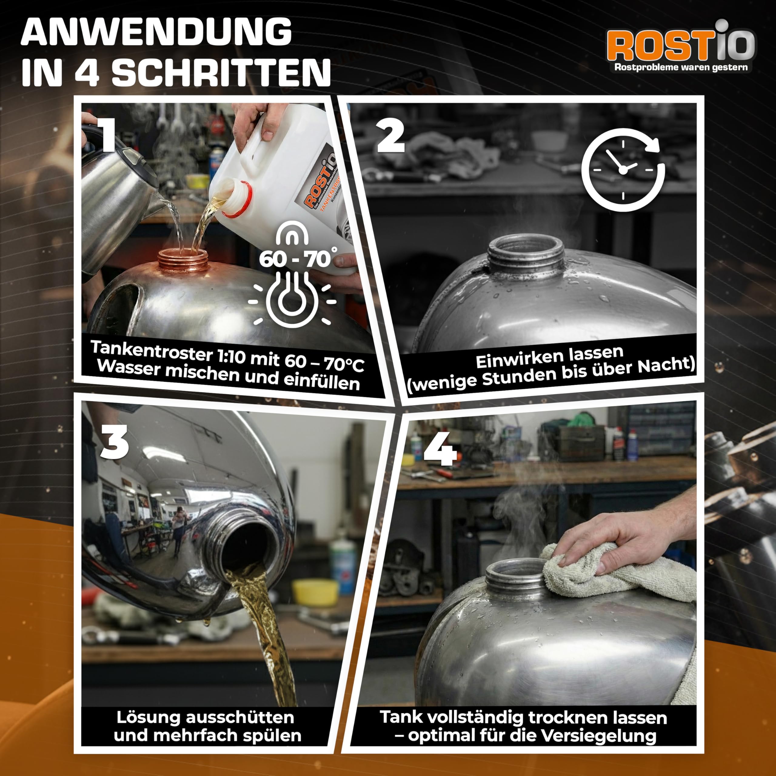 Rostio Tankentroster 5L – Konzentrat zur vollständigen Entrostung von Metalltanks – 1:10 verdünnbar – entfernt Rost zu 100% – für Tanks bis 50L – porentiefe Reinigung & Vorbereitung für Versiegelung