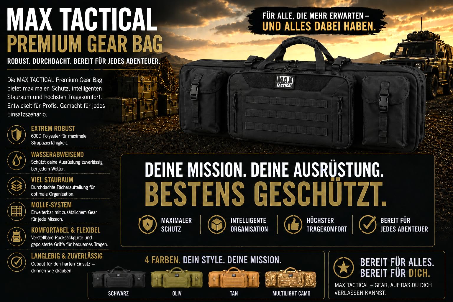 Heavy Duty Deluxe Gewehrtasche – Single & Double Rifle Bag, taktisches Langwaffen-Futteral gepolstert mit Seitenfächern & Wabenschaum, für Zubehör