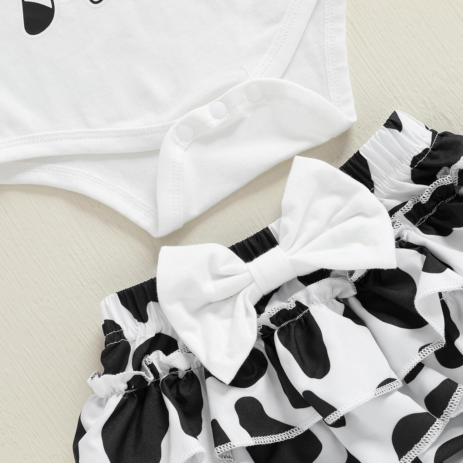 Emmababy Cow Print Baby Outfit Girl Ruffle Romper Long Sleeve Bodysuit Shorts Set Infant Cowgirl Outfit Western Baby Clothes - Image 5