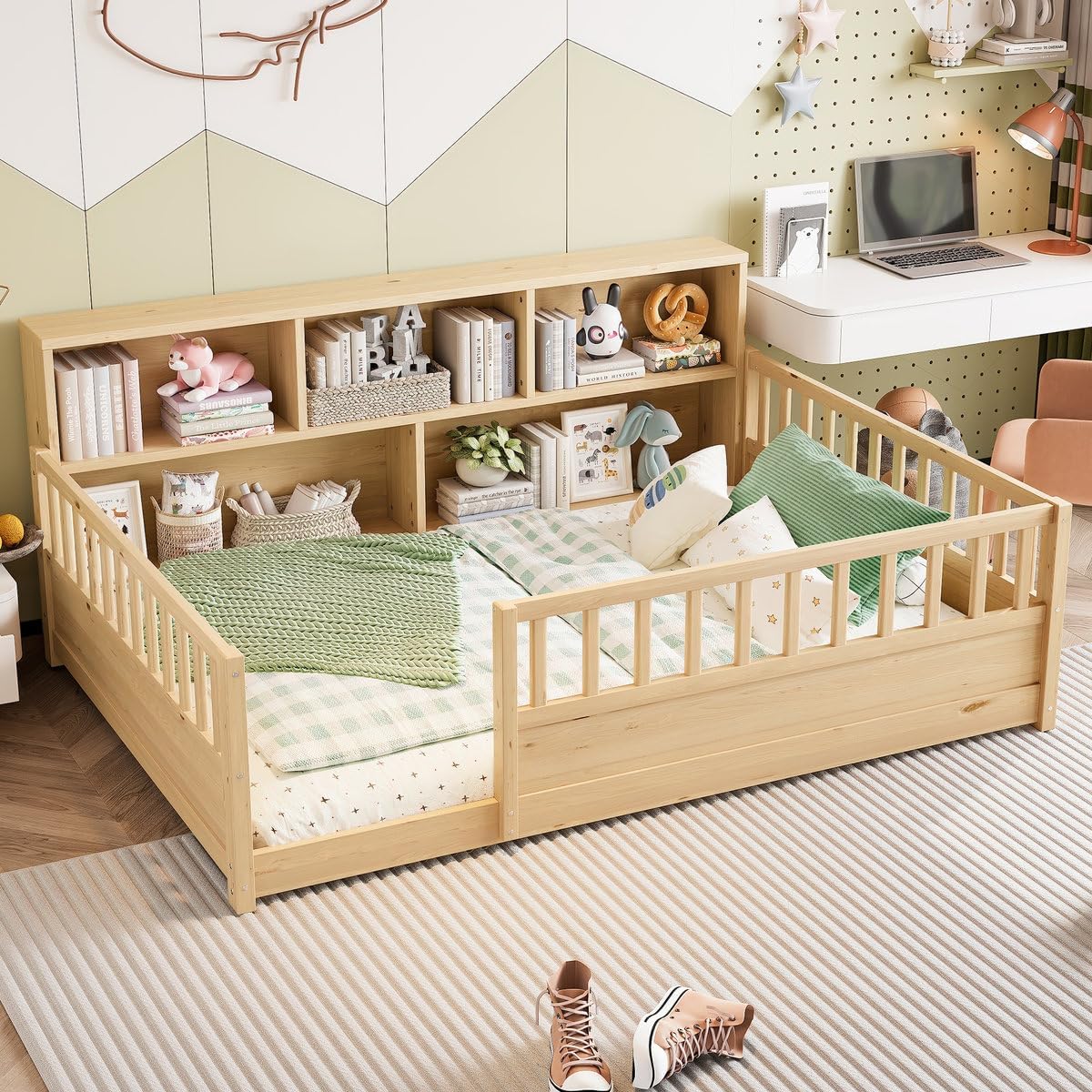 Montessori Bed Full for Kids, Wooden Floor Bed Frame with Bookcase, Storage Shelves & Safety Fence Rails, Full Size Floor Bed Without Slats for Kids, Girls, Boys, No Box Spring Needed, Natural