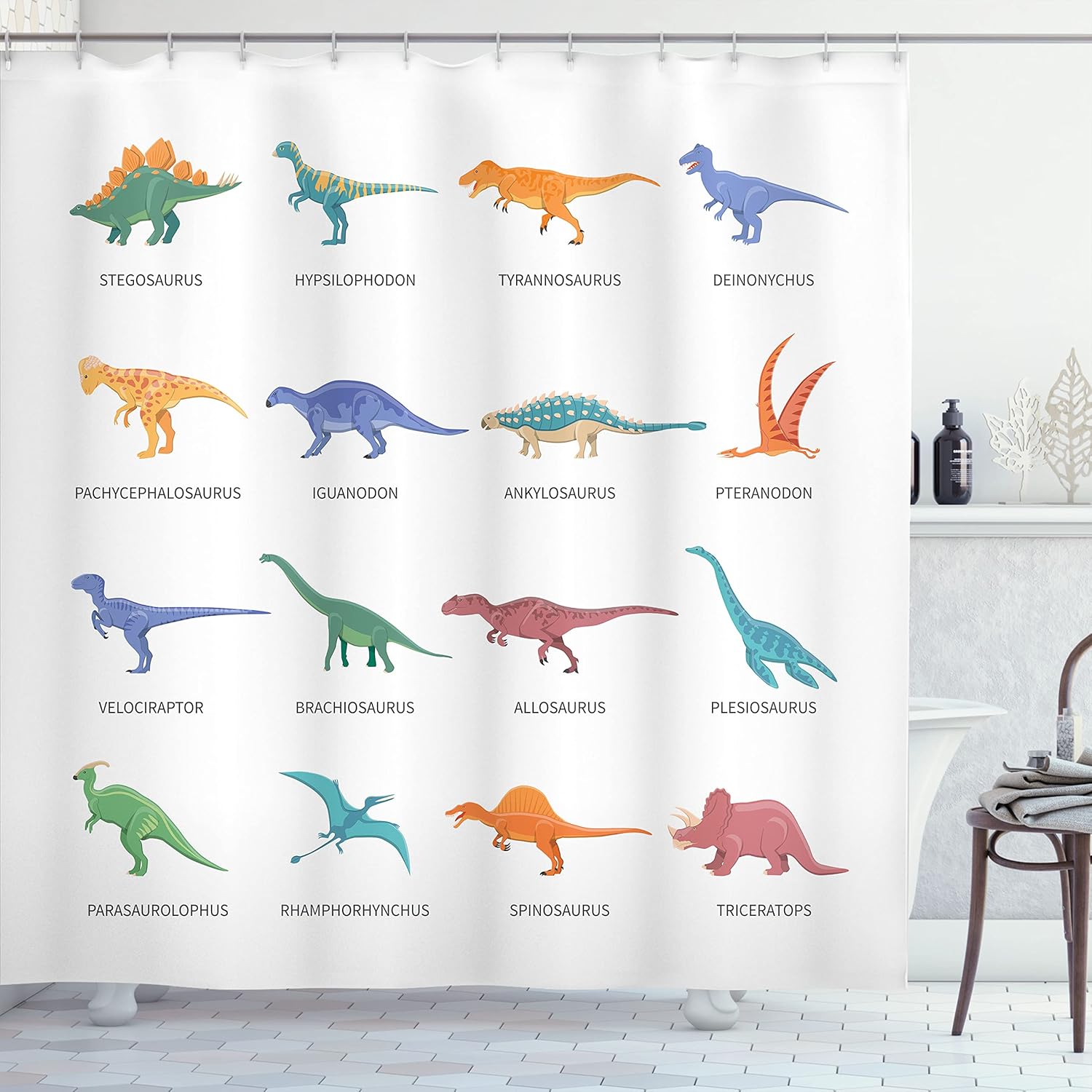 Ambesonne Tyrannosaurus Shower Curtain, Different Type of Dinosaurs Fossil Characters Paleontology Jurassic, Cloth Fabric Bathroom Decor Set with Hooks, 69" W x 70" L, Ceil Blue Orange