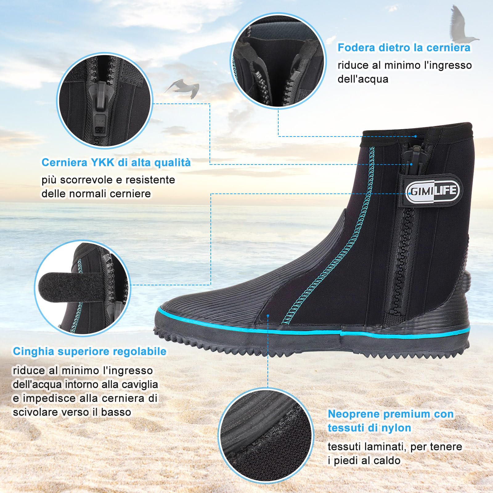 Gimilife Calzari Sub, Calzari da Subacquea 5mm, Calzari Sub Unisex, Calzari Surf con Suola Antiscivolo, per Beach Volley,Snorkeling, Immersioni subacquee, Surf