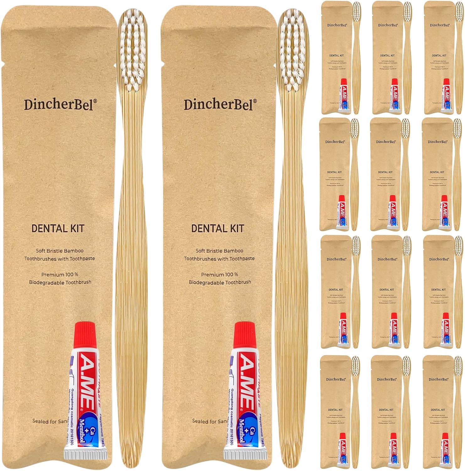 DincherBel Bamboo Toothbrushes Kit Bulk, Disposable Toothbrushes with Toothpaste(6g), Individually Wrapped Toiletries Amenities for Hotel, Airbnb, Homeless, Shelter, Camping and Travel (100 Pack)