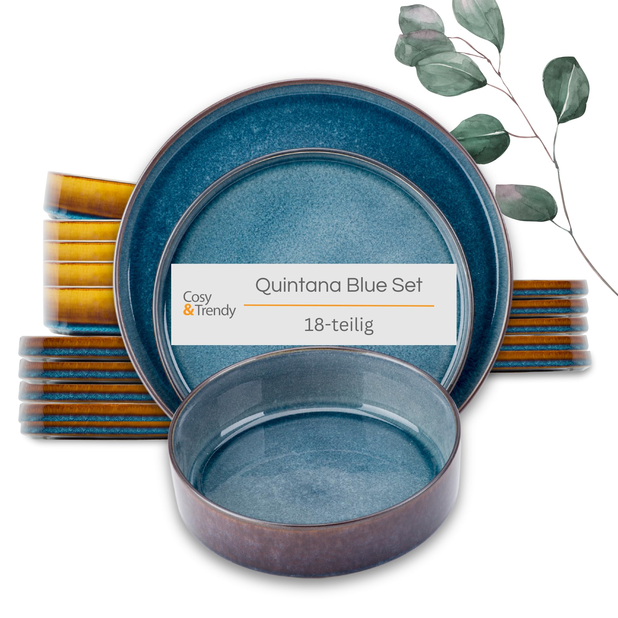 Cosy & Trendy Quintana Blue 18-częściowy zestaw naczyń | 6 talerzy obiadowych, 6 talerzy deserowych, 6 głębokich talerzy | porcelanowy zestaw naczyń w kolorze niebieskim | nadaje się do kuchenki