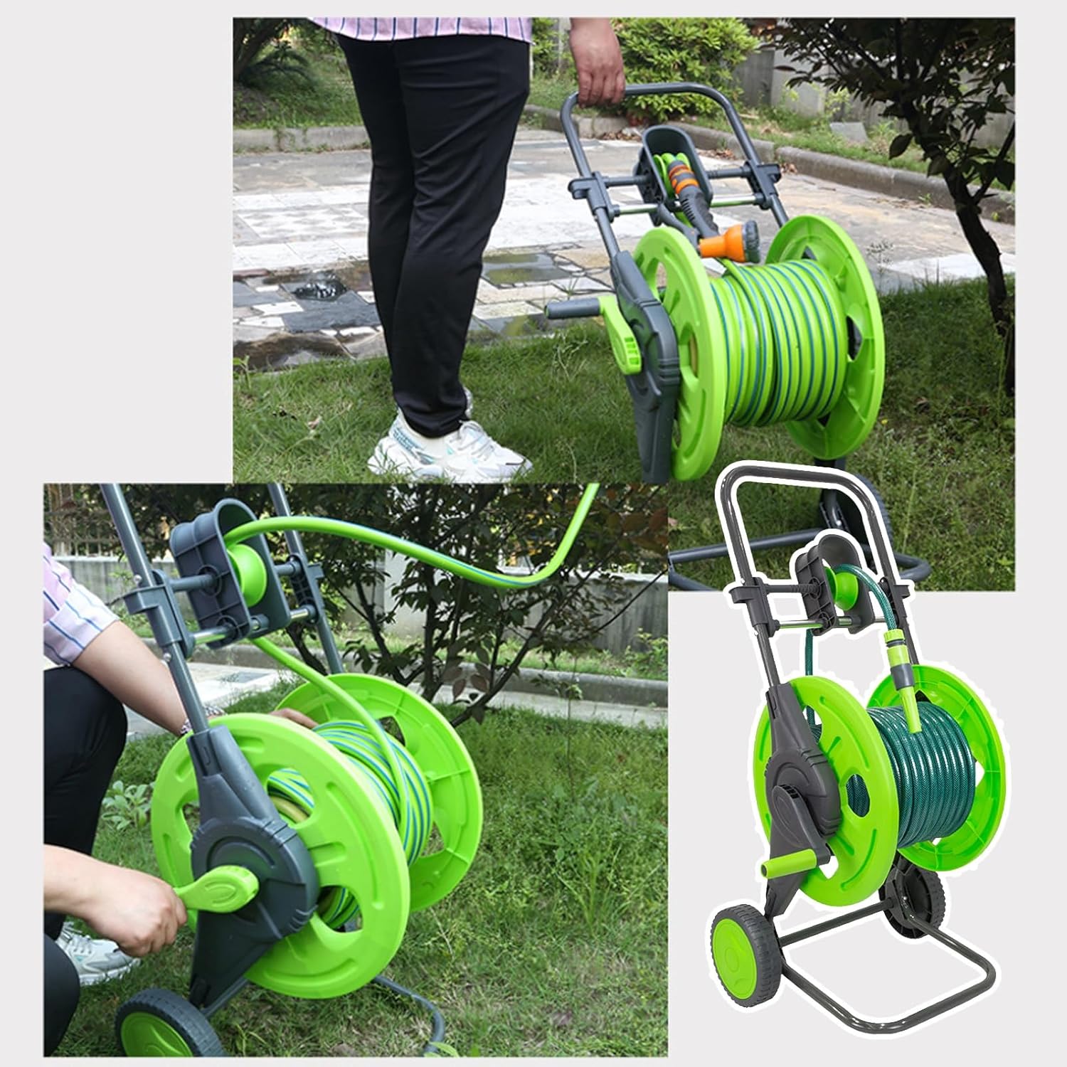 Garden Hose Reel Cart, Water Pipe Holders Mobile Tools with Wheels, Garden Hose Storage Winder Holder Portable Hoses Caddy for Outdoor Lawn Yard Watering