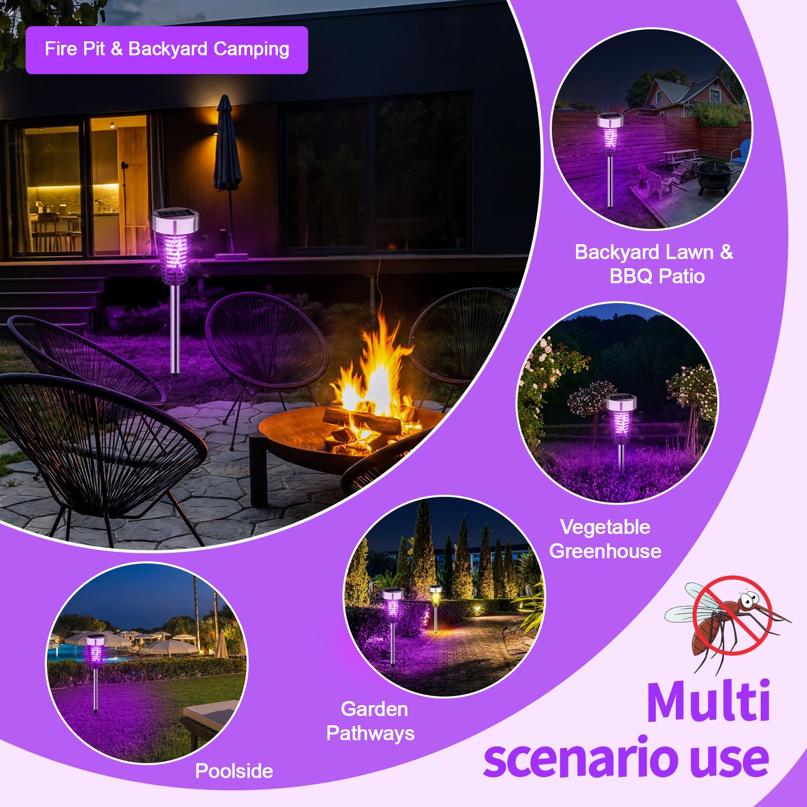 Qualirey 12 Stück Solar Insektenvernichter für den Außenbereich, Violett und warmes Licht, Silber | Mückenschutz Solarbetrieben Wasserdicht LED Licht Lampe Fliegeninsektenvernichter für Outdoor Terrasse Hof Garten Rasen