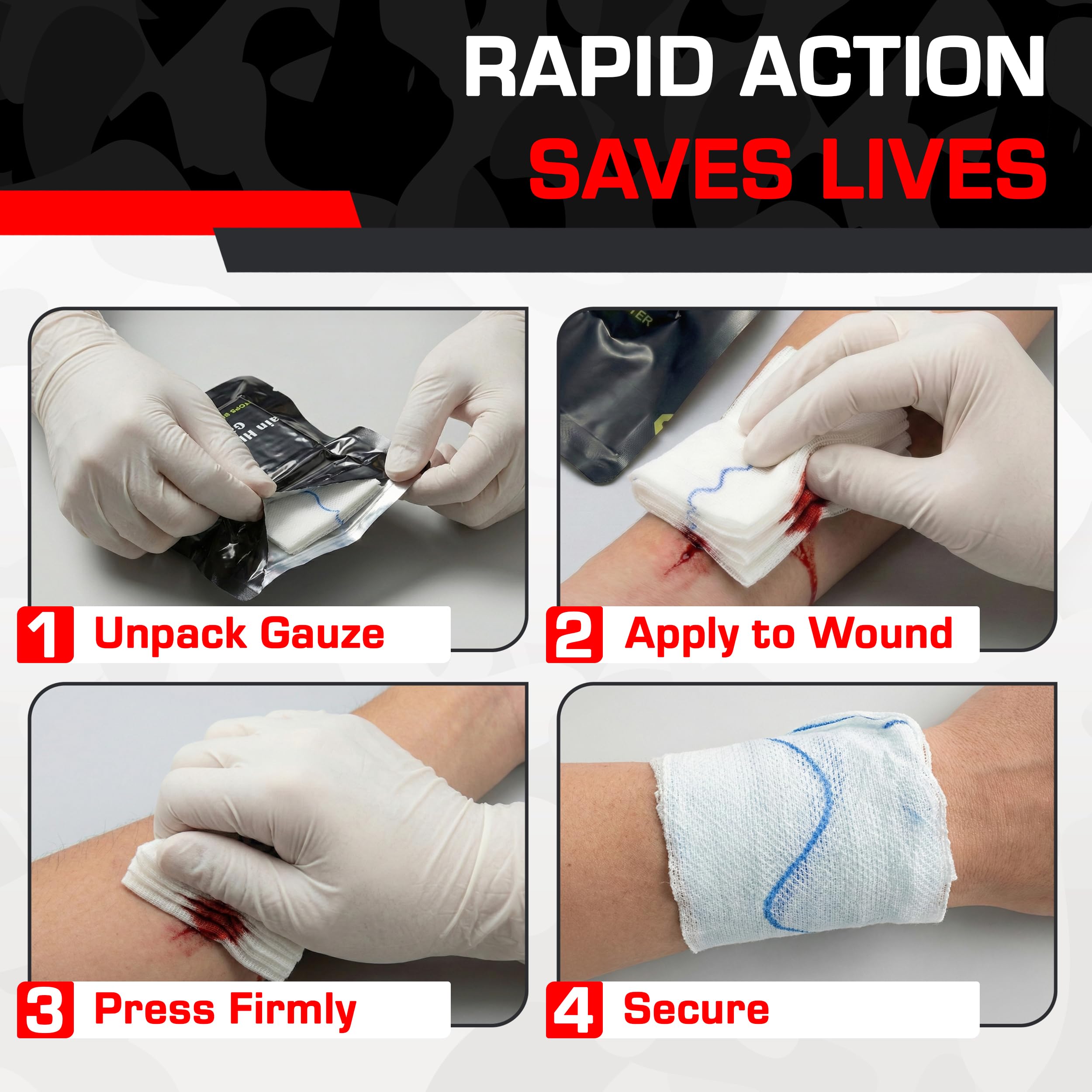 Kaolin - Gasa hemostática de combate de 3 pulgadas x 12.5 pies, gasa flexible para embalaje de heridas en Z para detener el trauma sangrado, kits de primeros auxilios, suministros médicos de