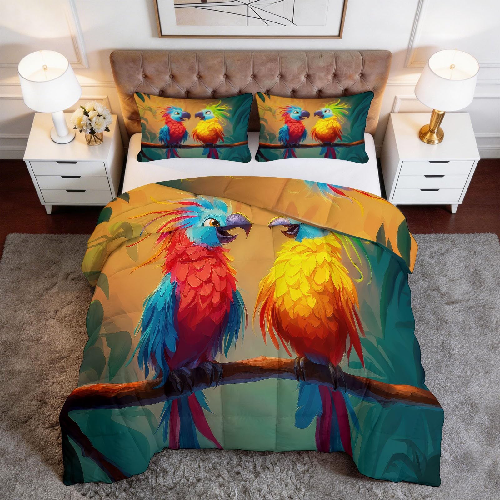 Generico Piumone Invernale Matrimoniale 220 x 240 cm Animali Pappagallo Trapunta in Ecopiuma 400 gr/mq, Caldo ed Elegante – Biancheria da Letto Anallergica e Traspirante – Set 3 Pezzi, Colore
