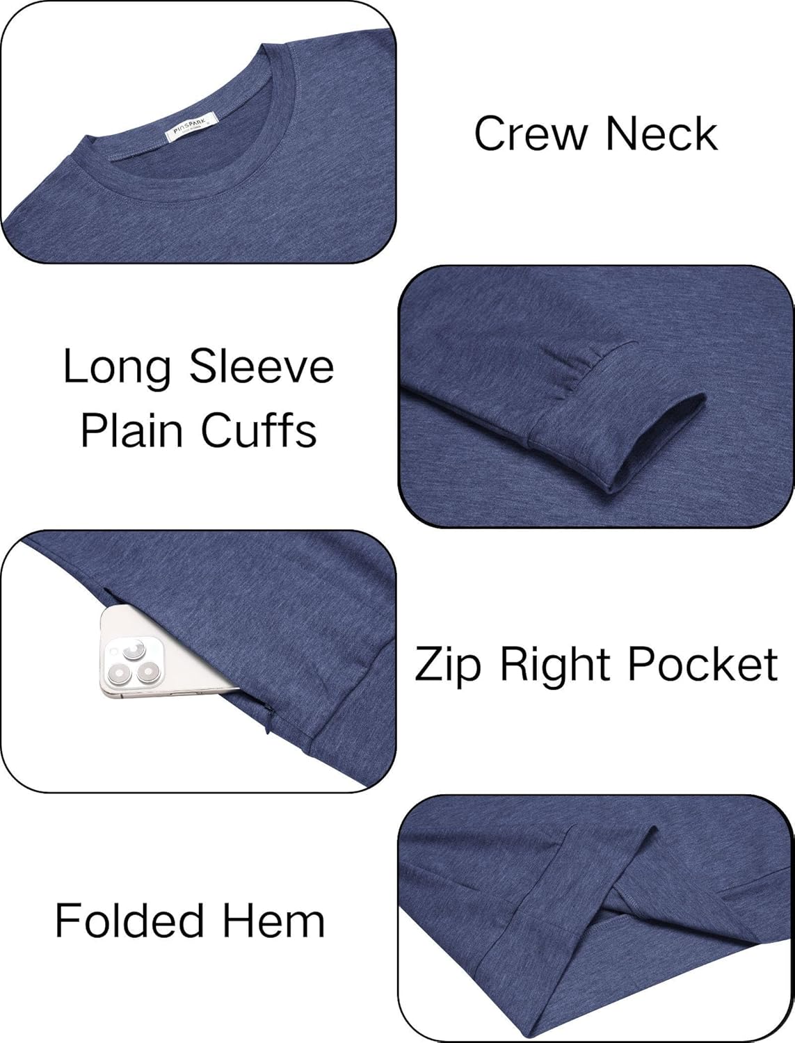 PINSPARK Men's Long Sleeve Shirts Crew Neck T-Shirt Casual Pullover Tees Soft Stretch Basic Tee Shirt with Zipper Pocket - Image 4