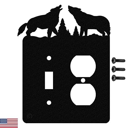 Howling Wolves Toggle Light Switch & Single Duplex Wall Plate (Single Toggle with Power, Black)