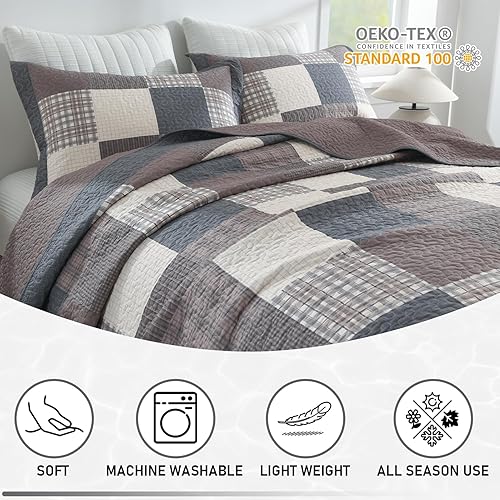 Miniatura 8 de KALOOLA Colcha de granja tamaño King  Juego de ropa de cama acolchada ligera 100% algodón, 3 piezas, colcha a cuadros estampada con 2 fundas de