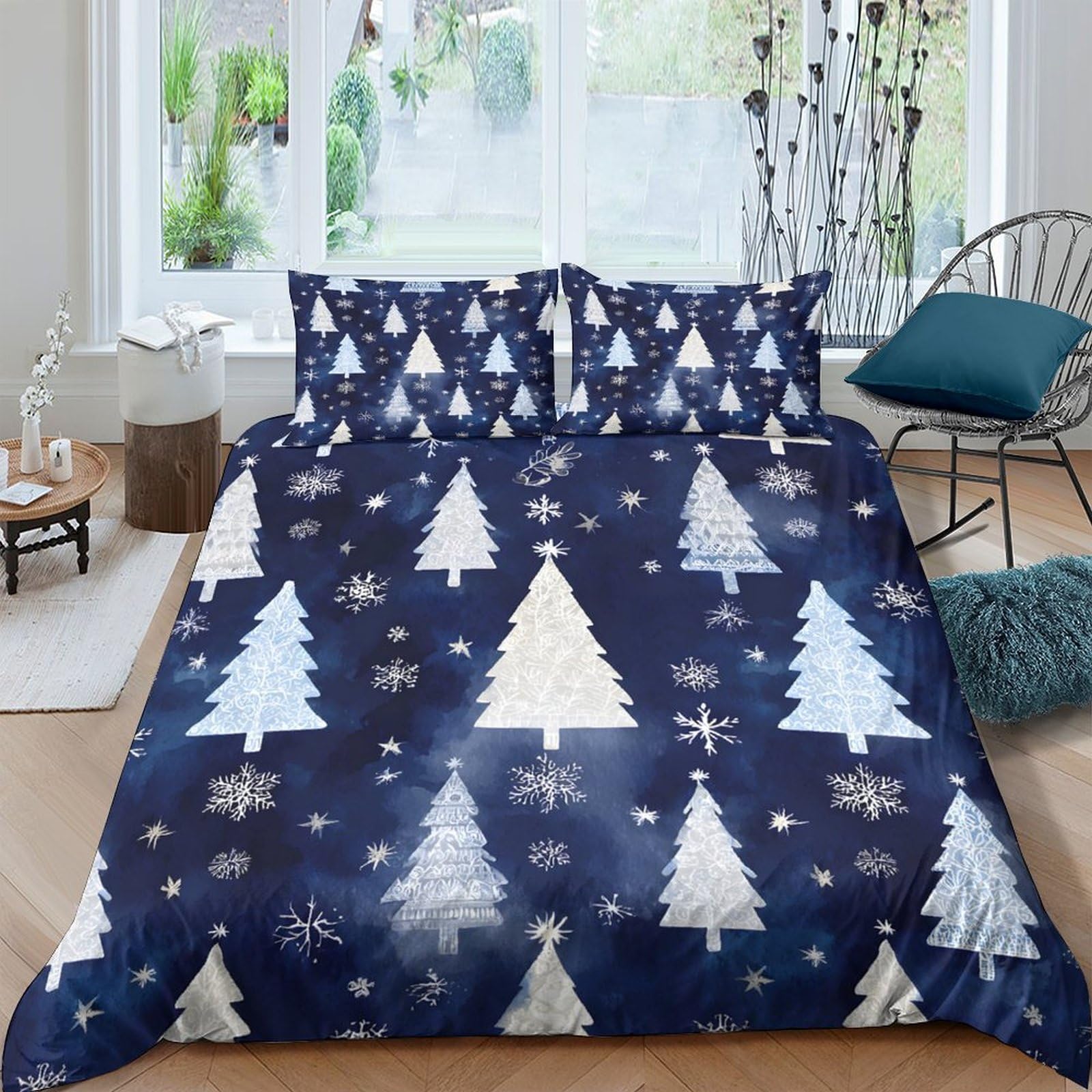 Ctjqhvkz Style-4 3D Printed Christmas Tree Fitted Sheet Microfiber Navy Blue Snowflake Bed Cover Anti-Slip Machine Washable For Bedroom Guest Room Single（135X200cm）