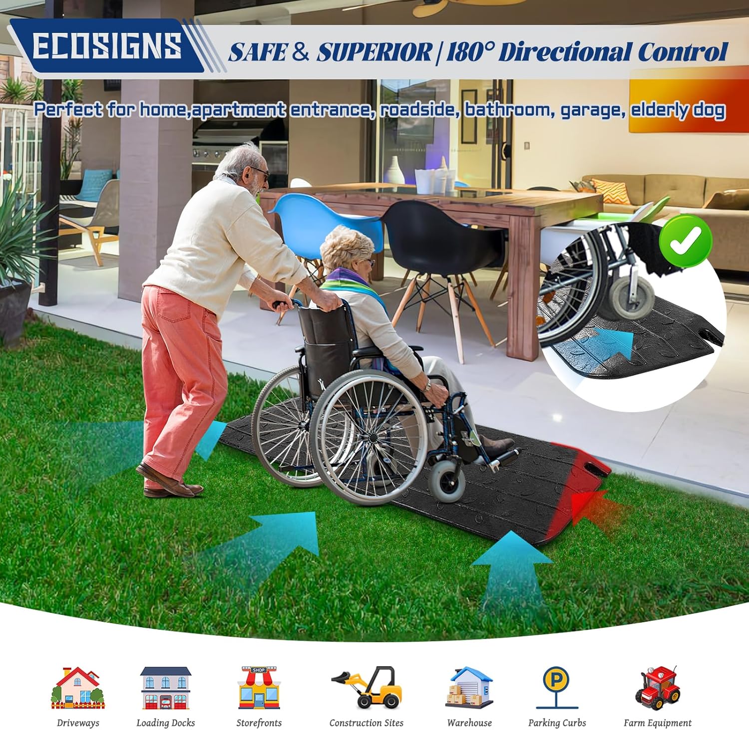 Rubber Wheelchair Ramp 2.5 Inch Rise - Non-Slip Rubber Threshold Wheelchair Ramp for Home Steps Doorways Driveway Outdoor Entrance Heavy Duty 2200 lb (1 Pack)