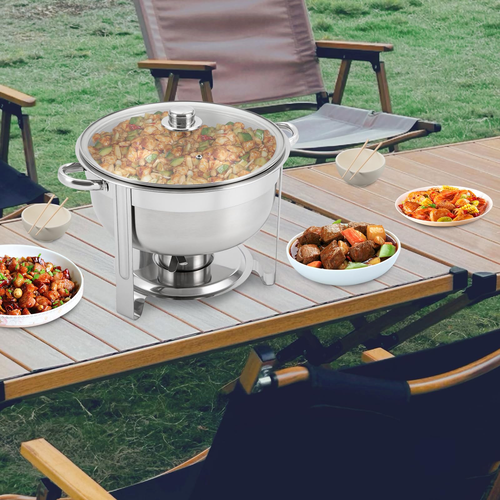 Acero inoxidable Chafing Dish, calentador de alimentos de 8,5 L, recipiente para calentar sopa, redondo de acero inoxidable, juego profesional de platos de chafing dish desmontable con tapa, sartén de