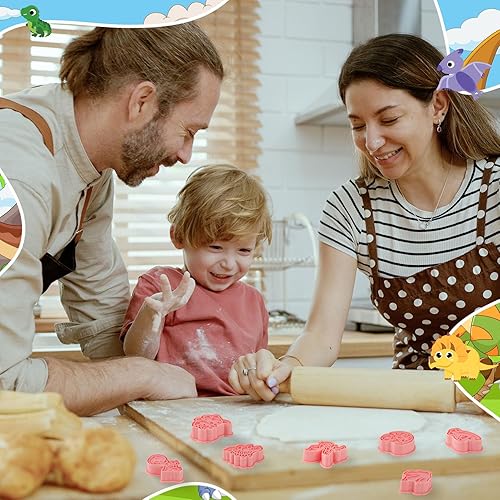 Miniatura 6 de Jspupifip Juego de 16 cortadores de galletas de dinosaurio, sellos de émbolo de galletas de dinosaurio 3D, moldes de prensa divertidos de animales