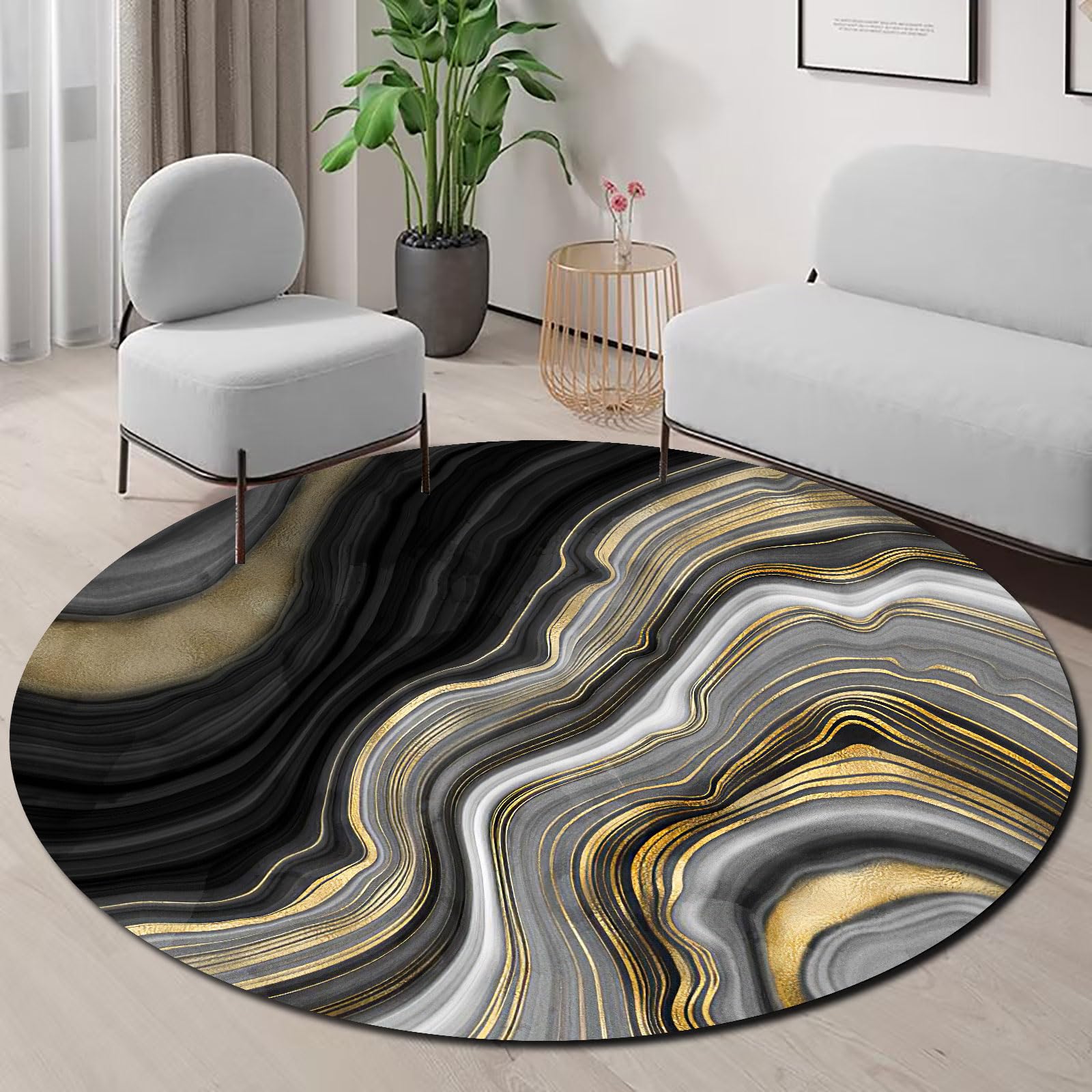 GUGJHFVH Round Living Room Area Rugs ø 110 cm Non Slip Washable Rugs Soft Area Rugs for Bedroom Short Pile Non Shedding Floor Carpets Retro Abstract Ink Black And Gray