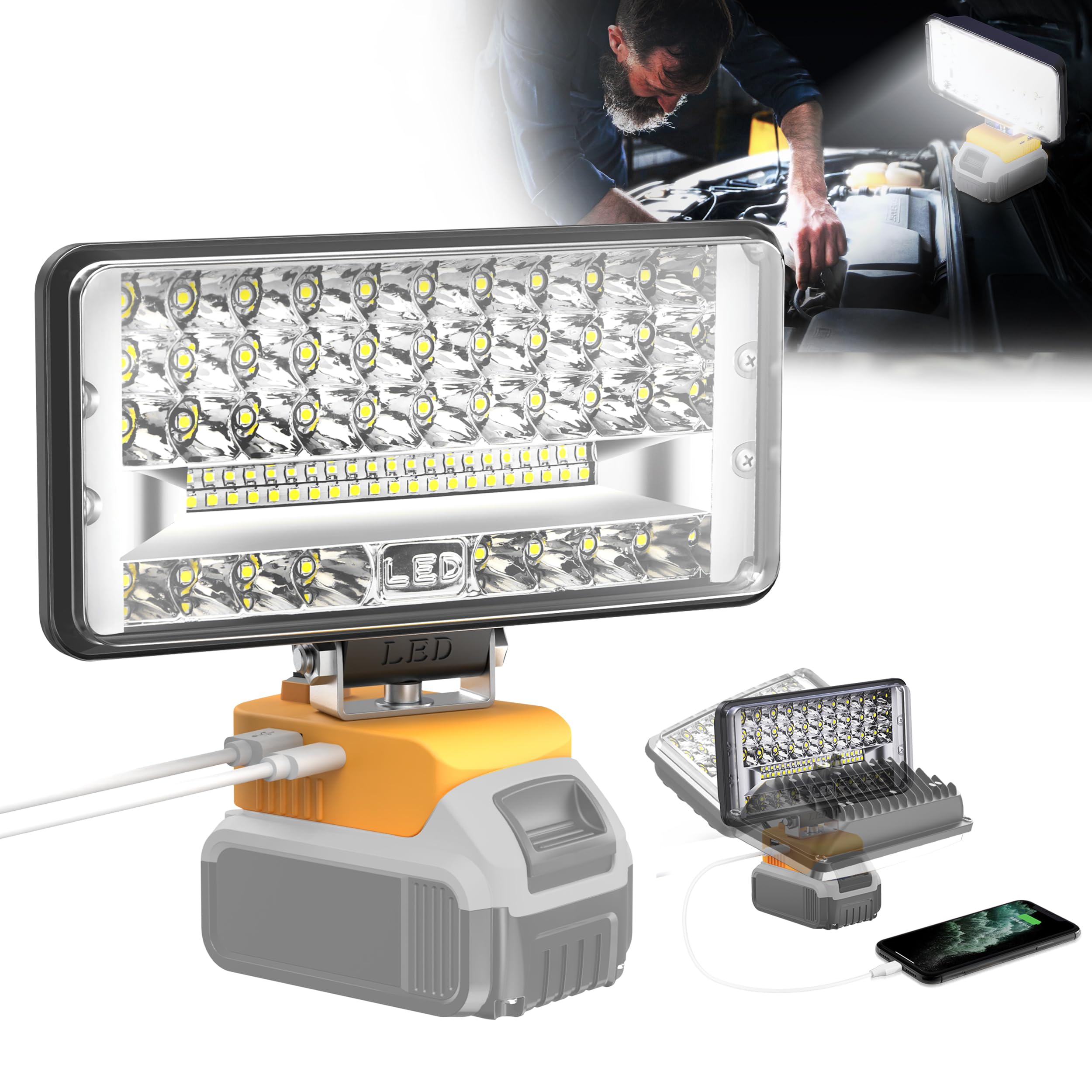 Cordless LED Work Light Compatible With Dewalt 20V Battery - Flood Construction Light Emergency Portable for Work Shop | Car repair | Outdoor | Garage - 100W 10000Lumen with USB & Type-C Charging Port